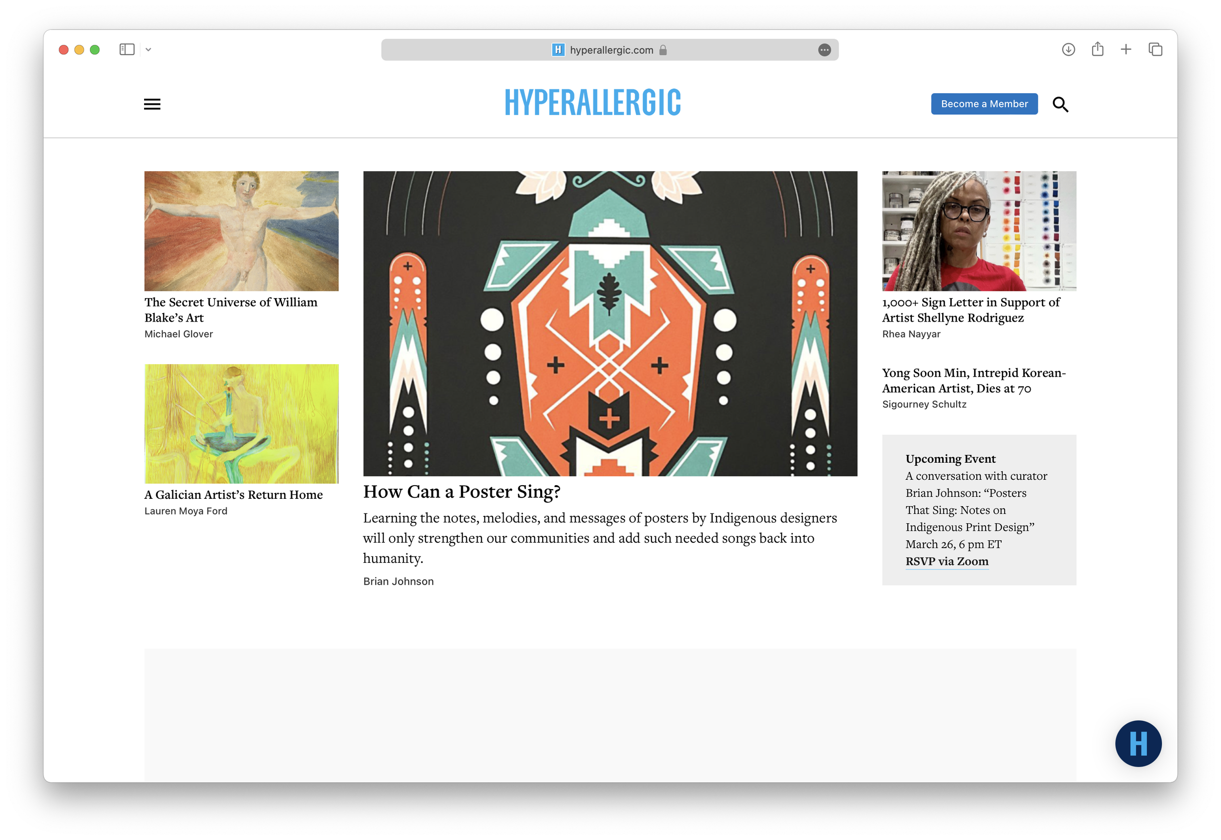 Screenshot of a website called Hyperallergic featuring articles about art and Indigenous posters, with a large central image of Indigenous-style poster art.