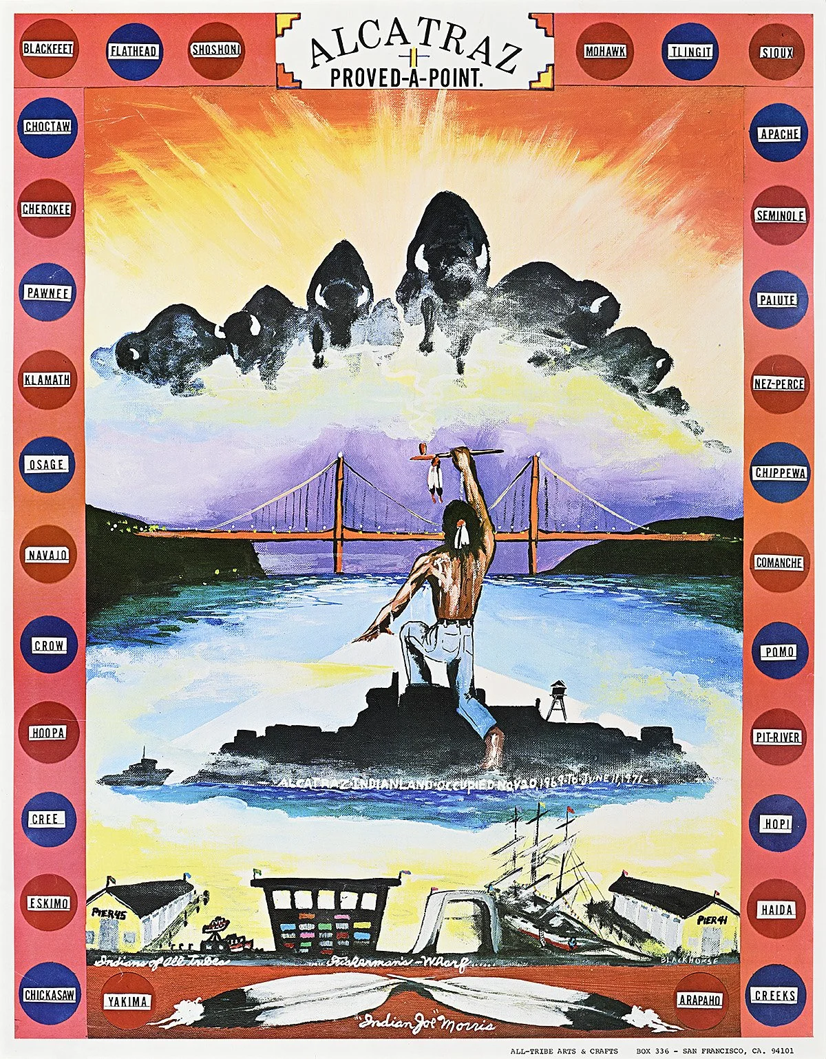 Illustrated poster of the history and culture of Alcatraz, featuring a large painting of the island, the Golden Gate Bridge, and Native American imagery. Around the border are listed names of various Native American tribes.