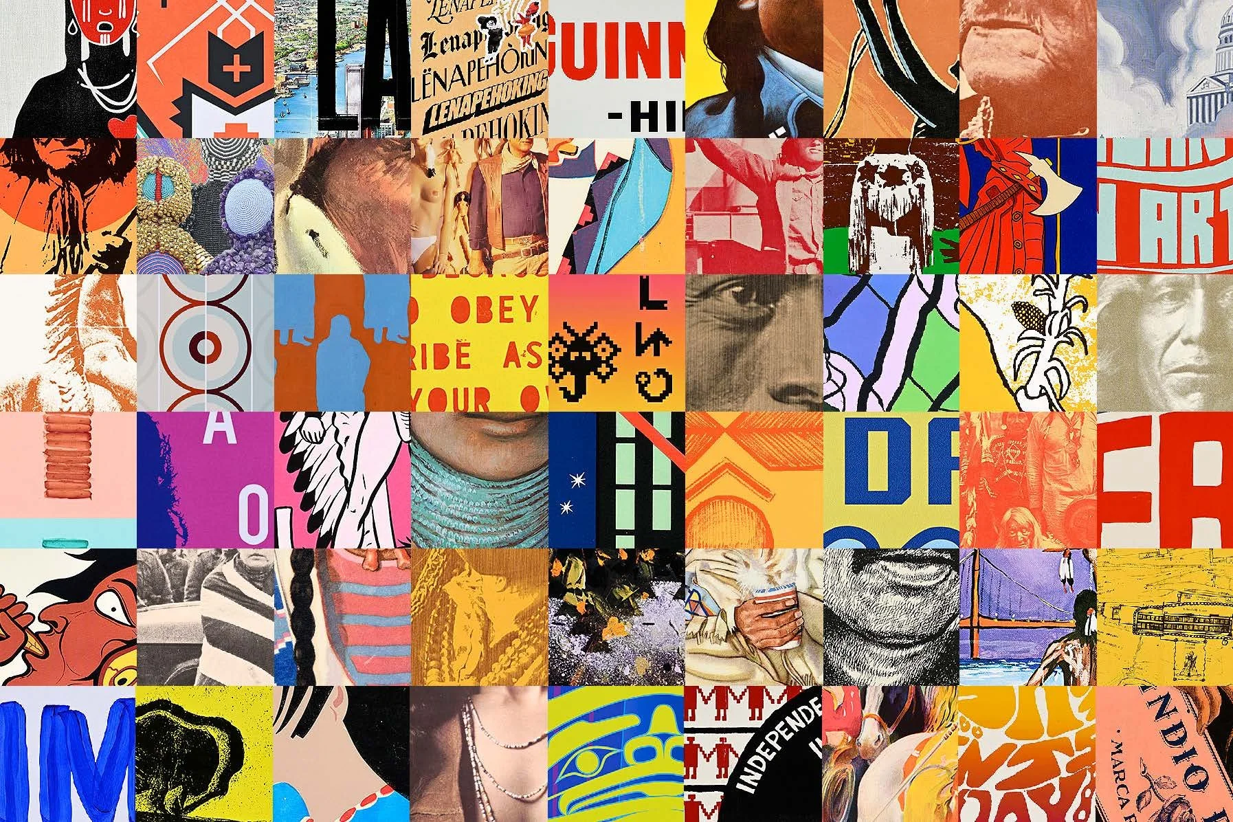 A collage of various colorful artworks, illustrations, photographs, and graphic designs, with diverse styles and themes.