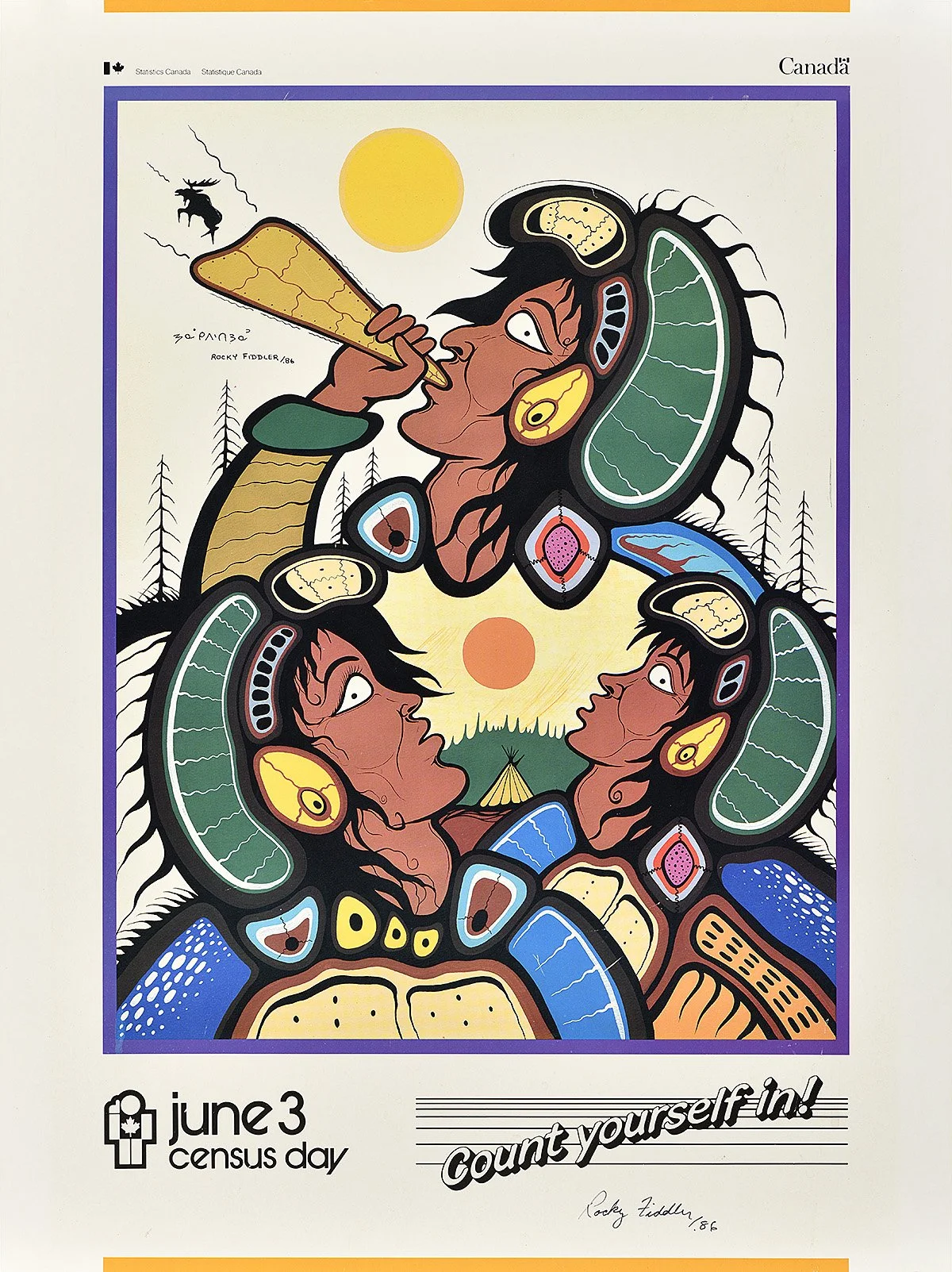 A colorful indigenous-inspired illustration promoting June 3 Census Day, showing three Native American women with traditional adornments, one blowing into a blowgun, against a natural landscape with trees, a tipi, and two suns or moons in the sky.