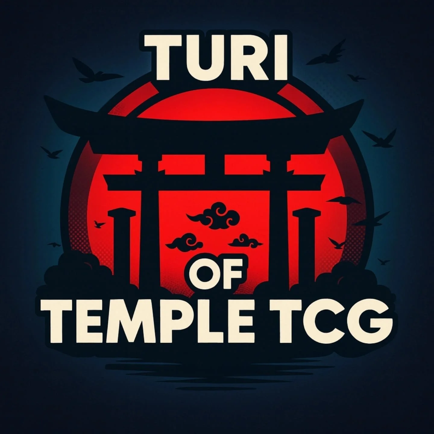 Logo con font in stile asiatico che dice "Turi of Temple TCG" con silhouette di un torii e gabbiani sullo sfondo rosso e nero.