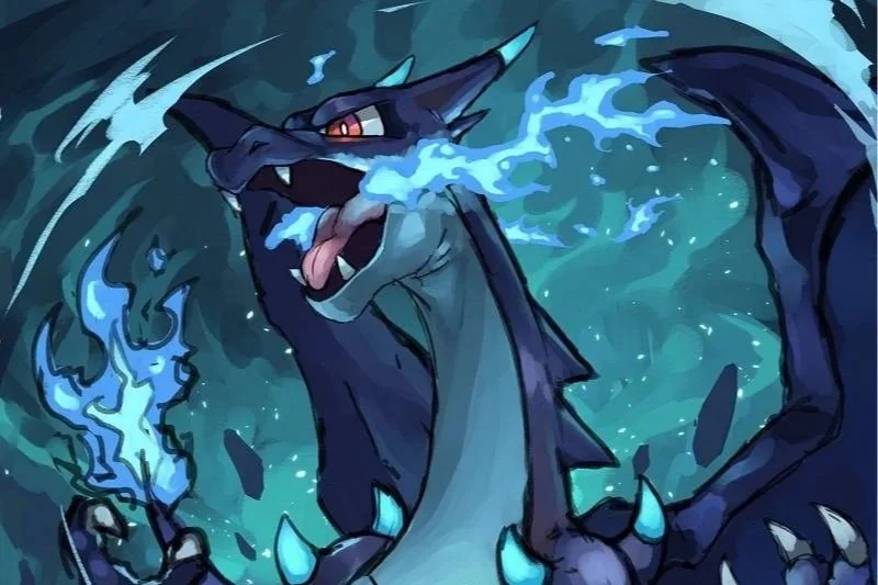 Un drago blu con ali e artigli, che spara fiamme blu, in un'ambientazione fantastica.