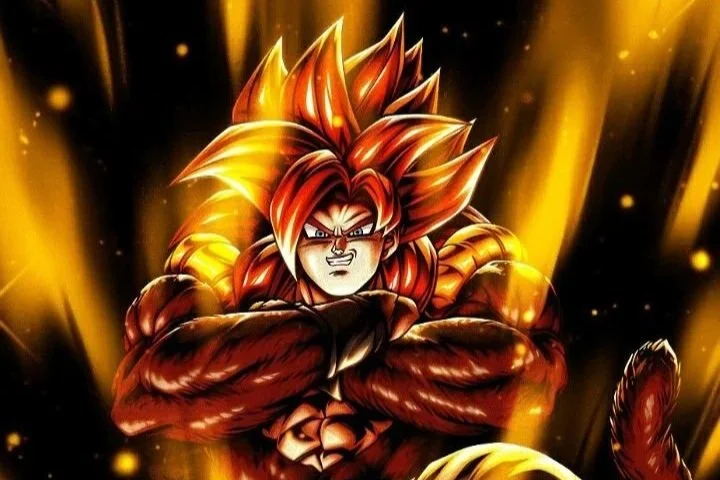 Un personaggio di anime con capelli infuocati, muscoloso, con occhi intensi e in posa di forza, sfondo di luci dorate.