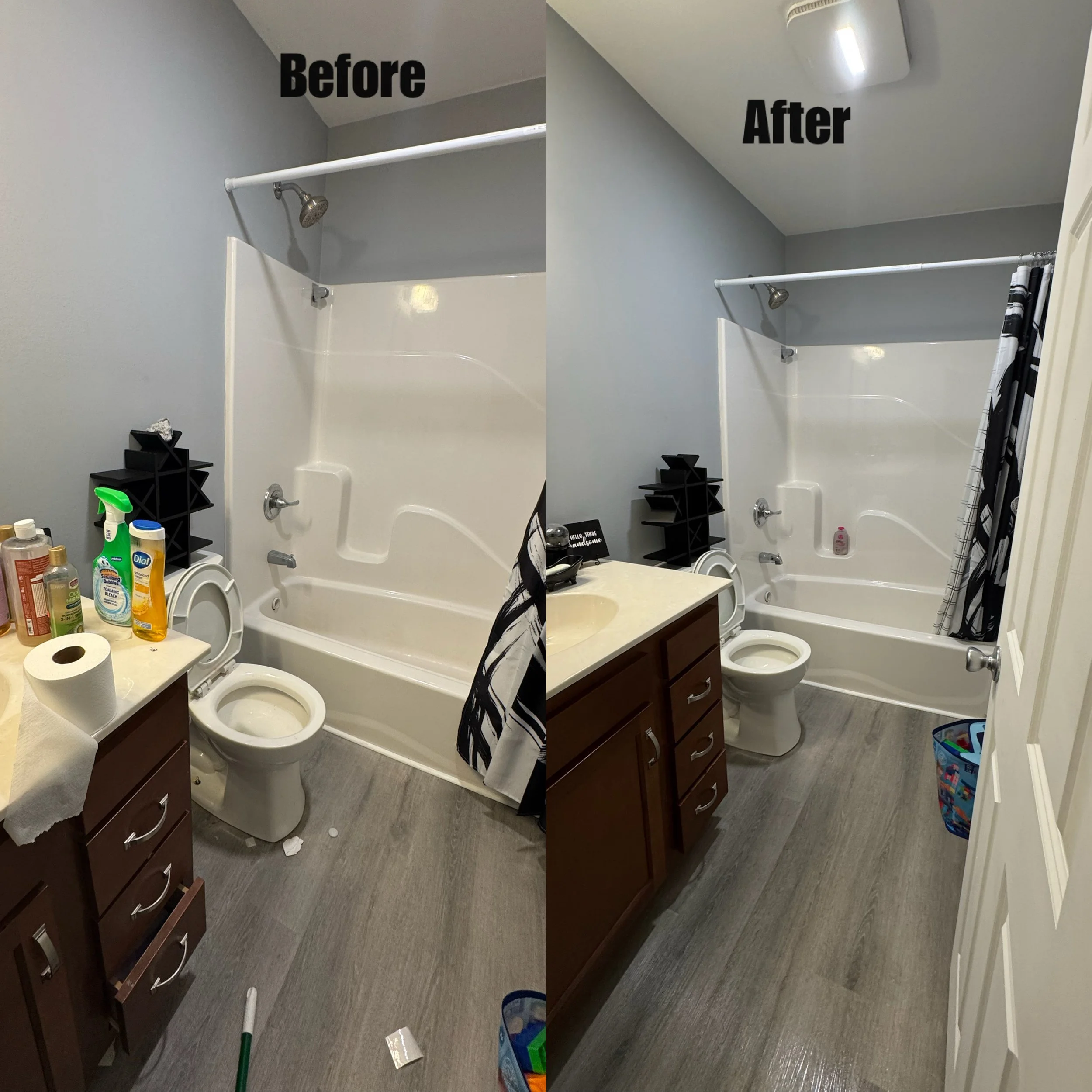 A bathroom with a bathtub, shower, and vanity with a mirror. The bathroom appears to be in the process of cleaning or renovation, with cleaning supplies, toiletries, and cleaning tools scattered across the countertop and floor. The photo shows a befo