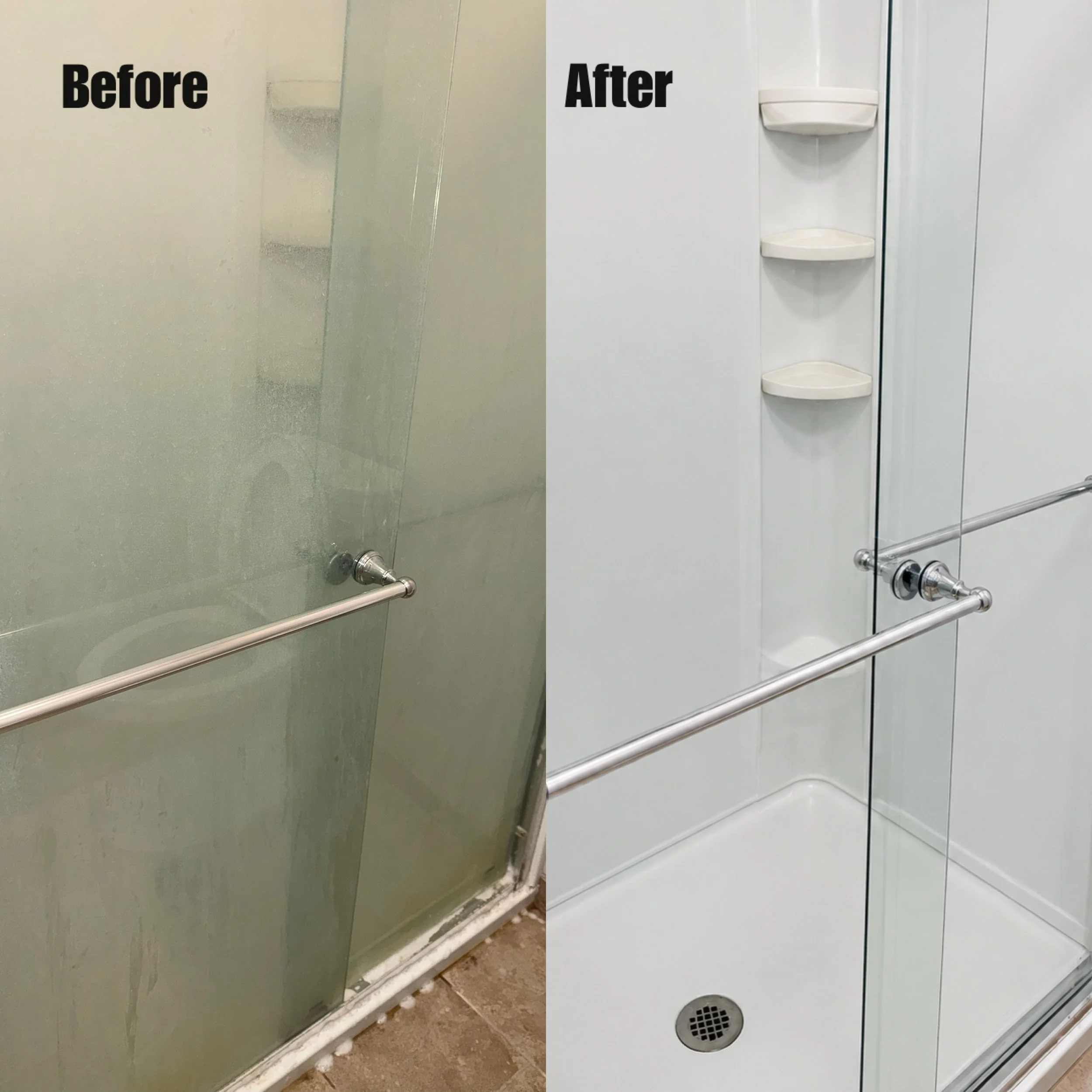 Comparison of a shower door before and after cleaning, with the cleaned side appearing clear and spotless.