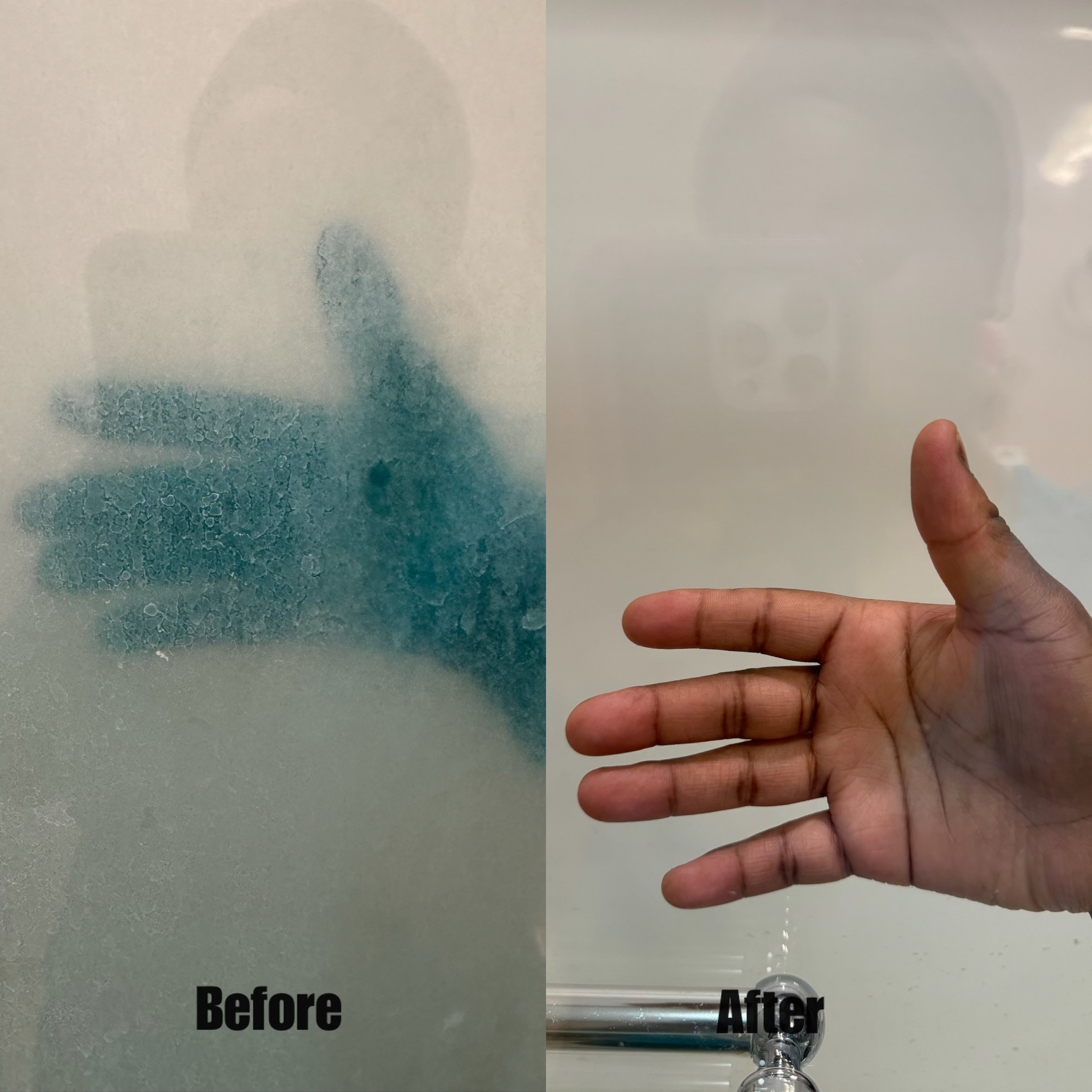 Comparison of a bathroom mirror before and after cleaning. The left side shows a mirror with water spots and grime, while the right side shows a clean, shiny mirror with a person's hand pointing at the bottom.