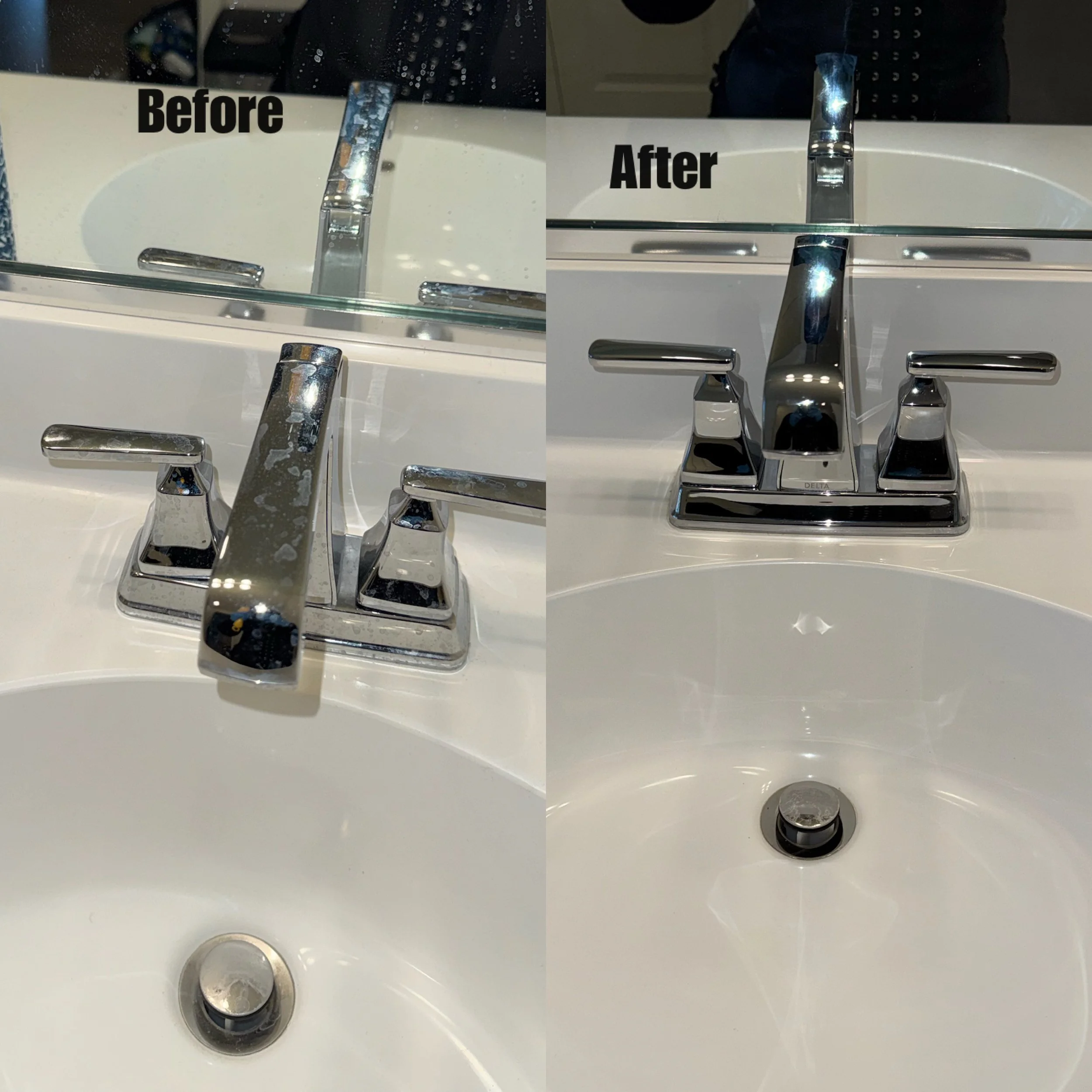 A bathroom sink before and after cleaning, showing a faucet and drain with noticeable soap scum and water spots on the left, and a cleaner, shinier surface on the right.