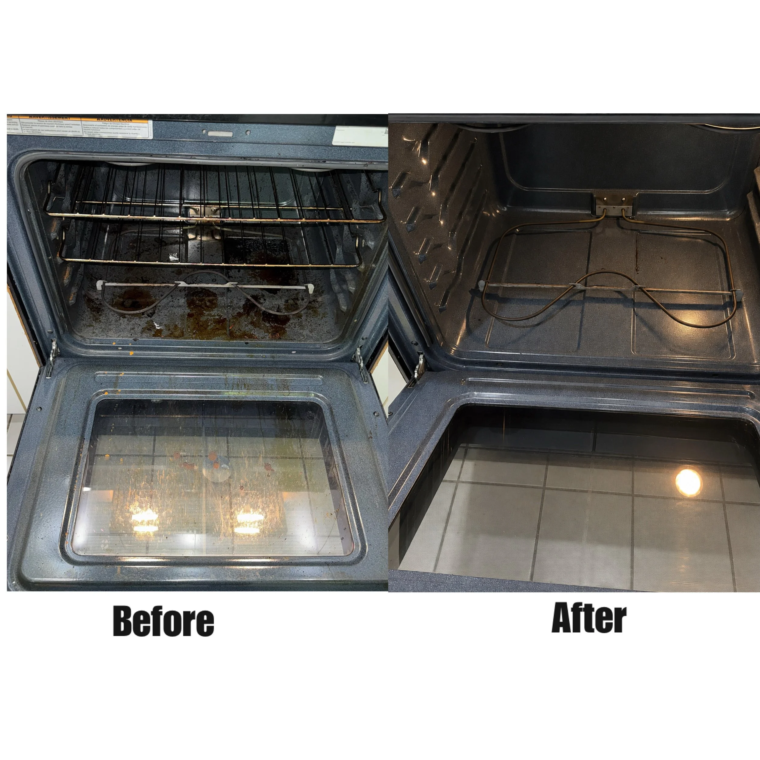 Side-by-side comparison of an oven's interior before and after cleaning, showing a visibly dirty oven on the left and a clean oven on the right.