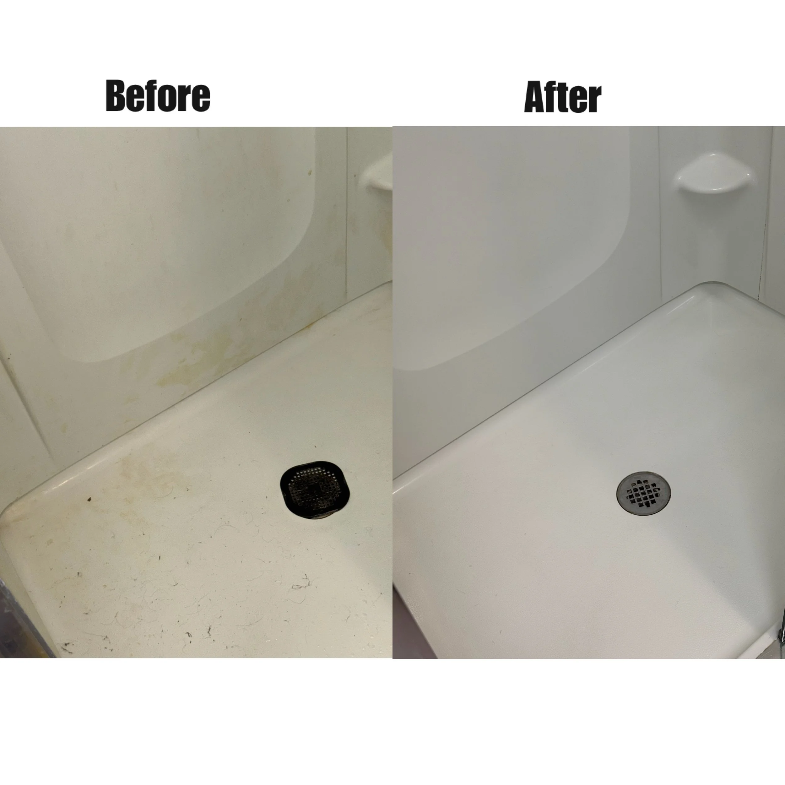 Comparison of a dirty bathroom floor before cleaning and a clean bathroom floor after cleaning, showing a side-by-side view.