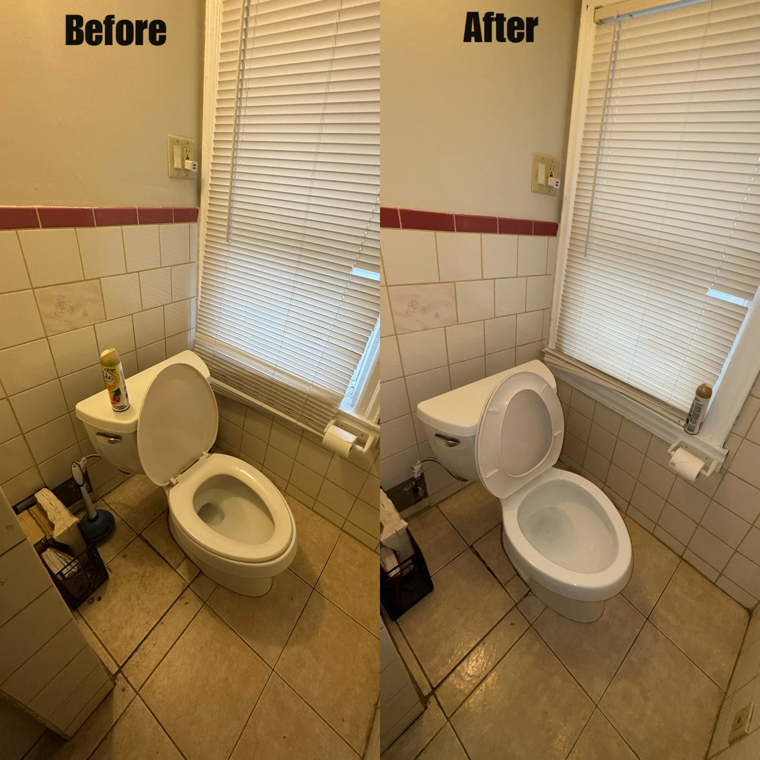 Side-by-side comparison of a bathroom window with closed blinds before and after cleaning, showing noticeably cleaner blinds in the 'after' image.