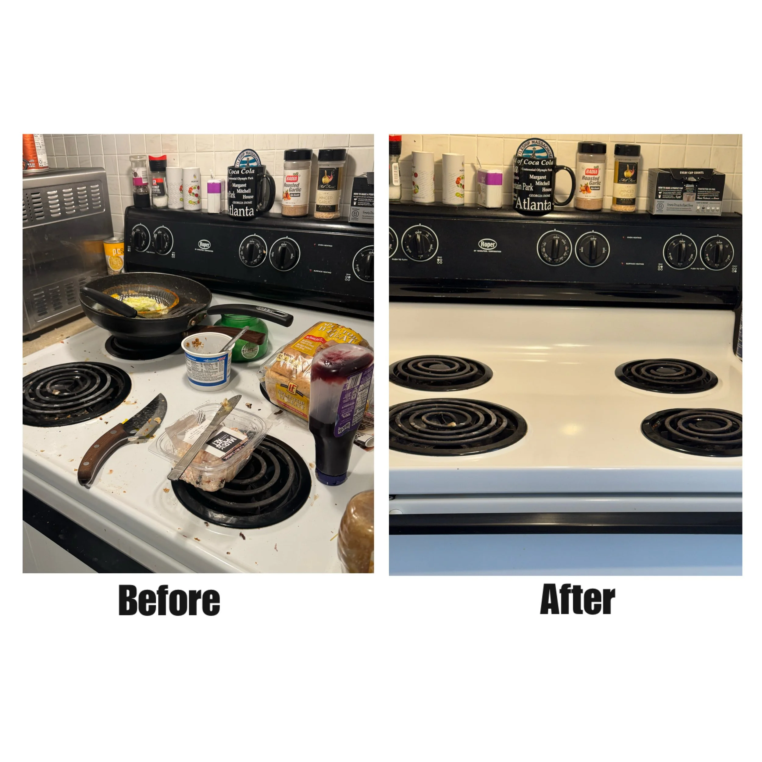 Images comparing a stovetop with clutter and food mess before cleaning and a clean stovetop after cleaning.