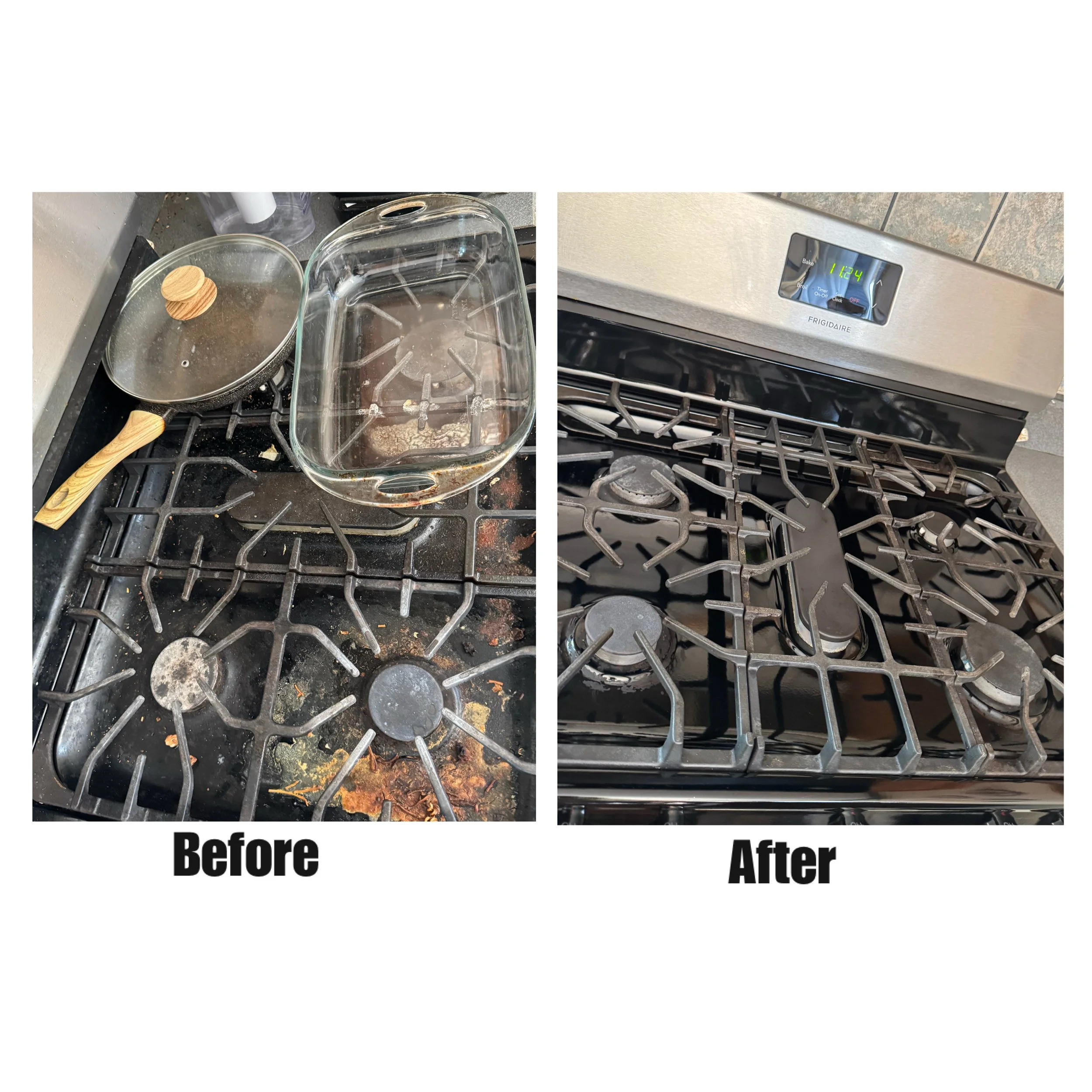 Side-by-side comparison of a dirty, greasy stove top before and after cleaning, labeled 'Before' and 'After'.