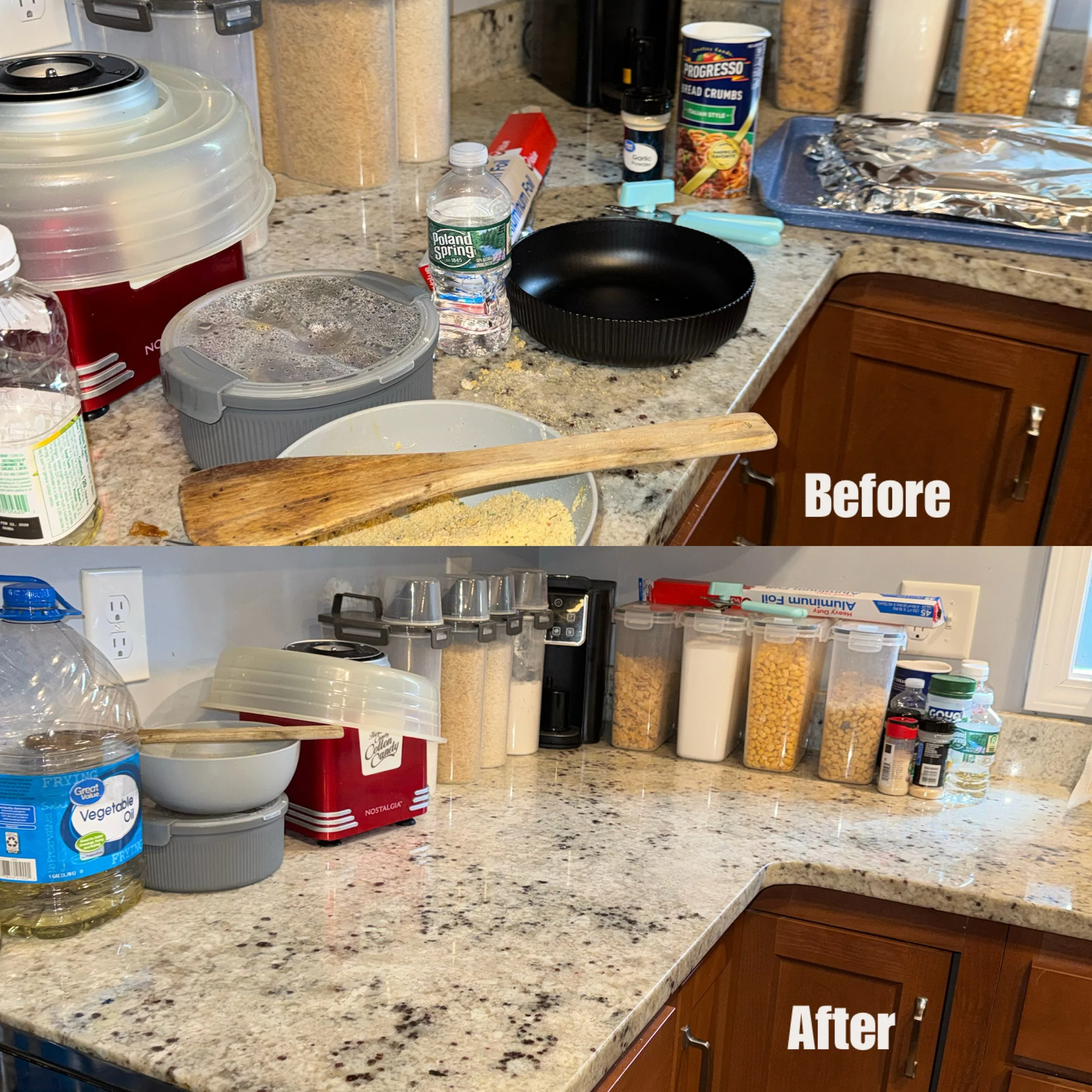 Side-by-side comparison of kitchen counter showing clutter with before and after cleaning.