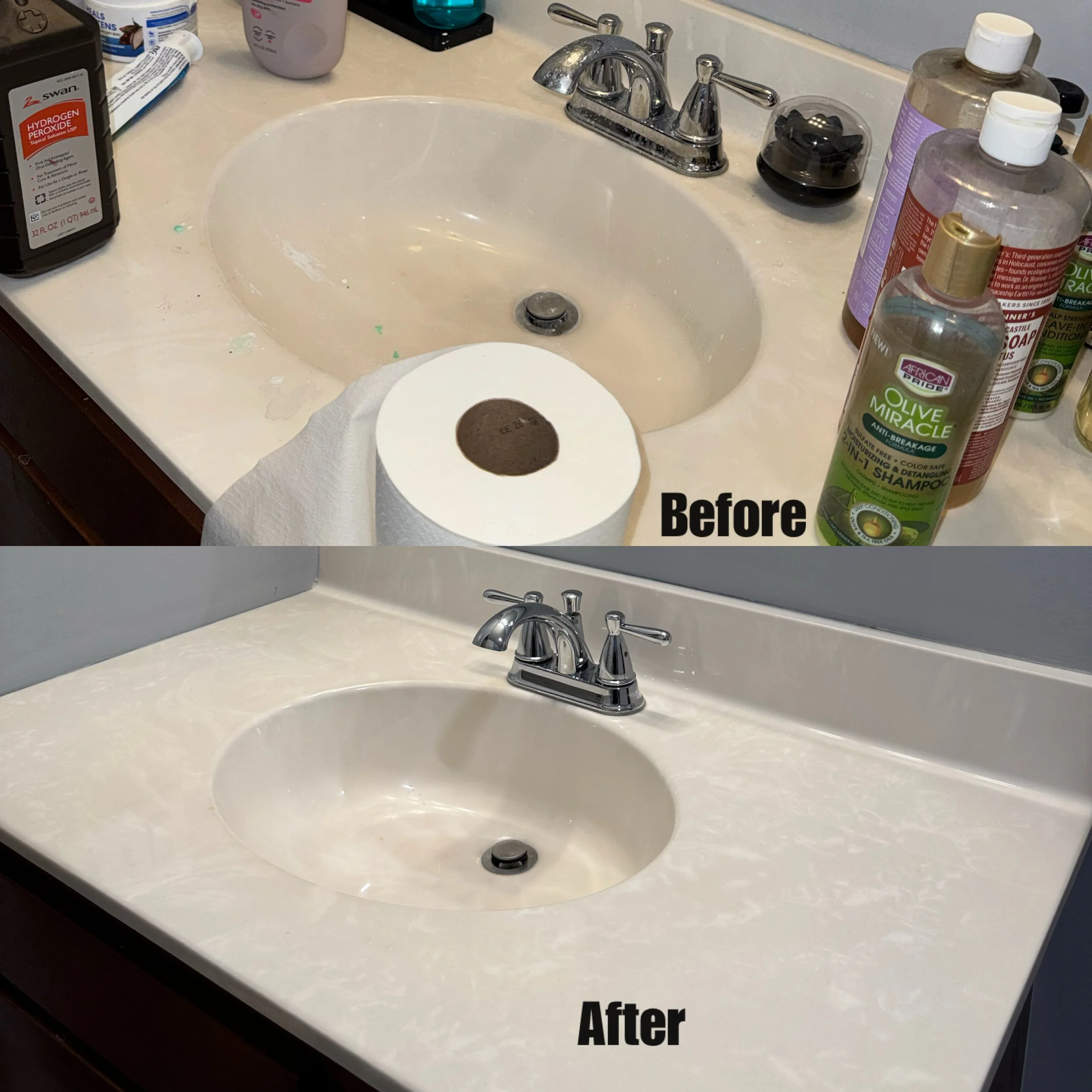 Clean bathroom sink with shiny faucet, surrounded by bottles of hair care and health products, and a roll of toilet paper.