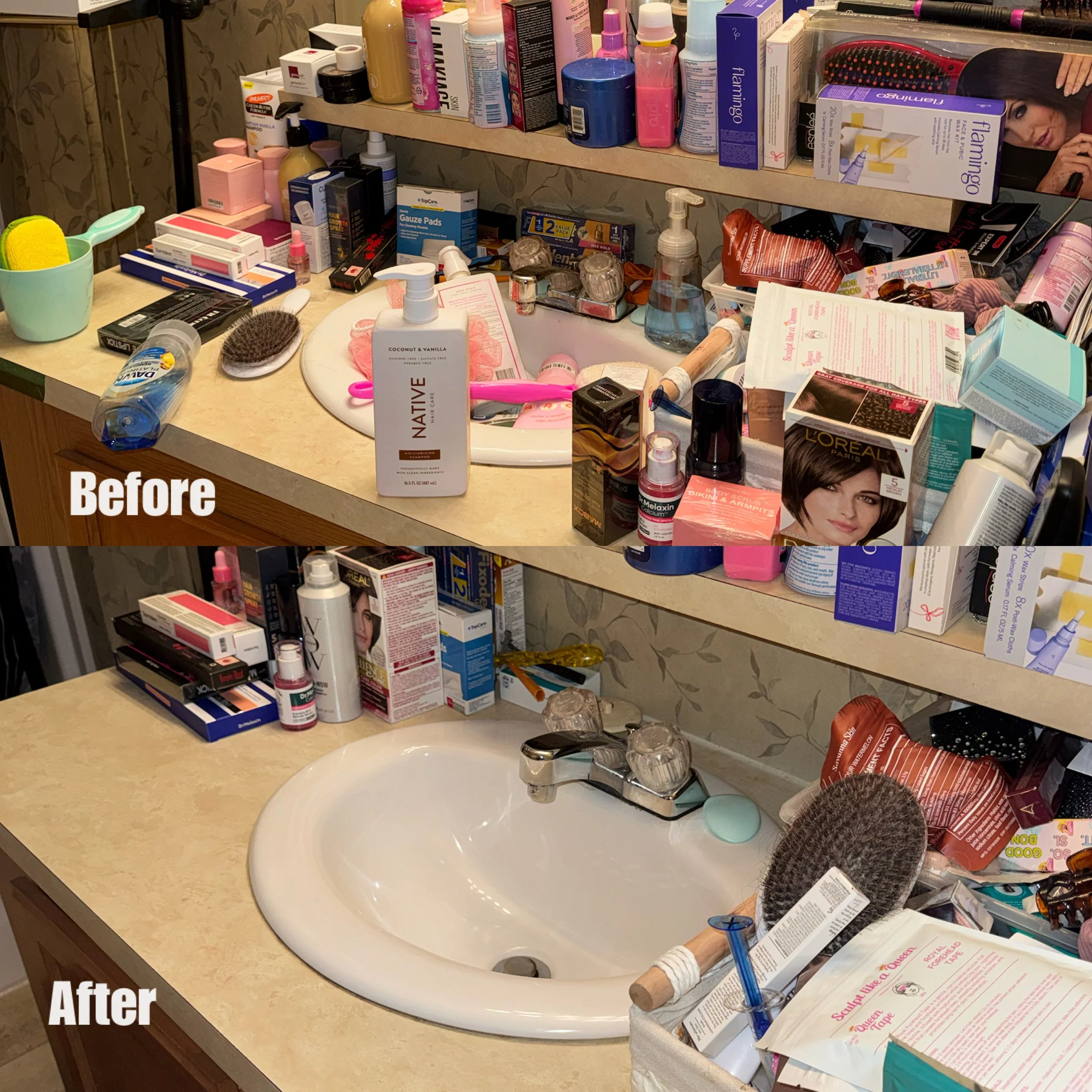 A cluttered bathroom counter with various hair and skincare products, boxes, bottles, a hairbrush, and a sink, with organized shelves above it holding haircare and beauty items, before and after cleaning photos.