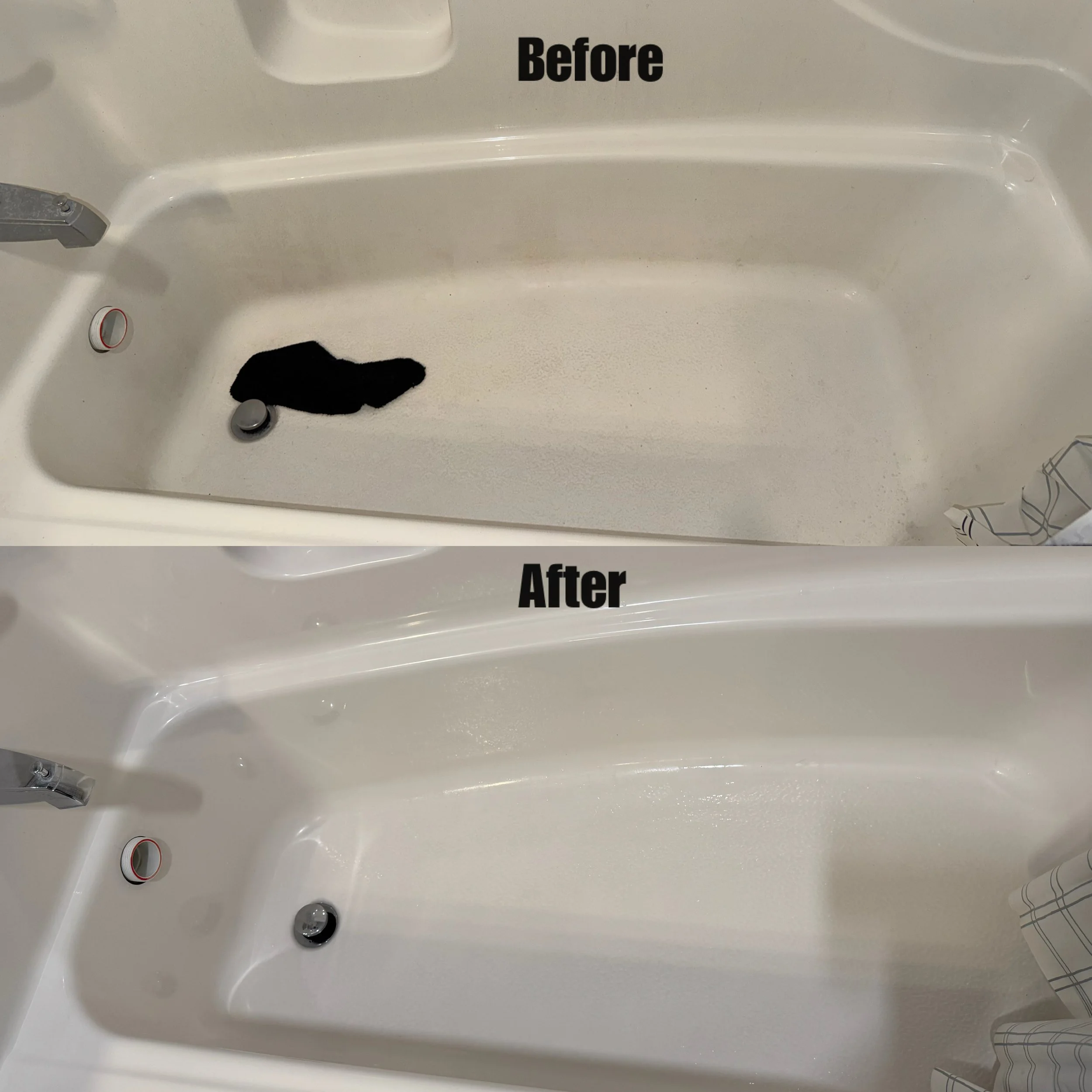 Comparison of a bathtub before and after cleaning. The 'Before' section shows a dirty bathtub with grime and stains, while the 'After' section shows a clean, white bathtub.