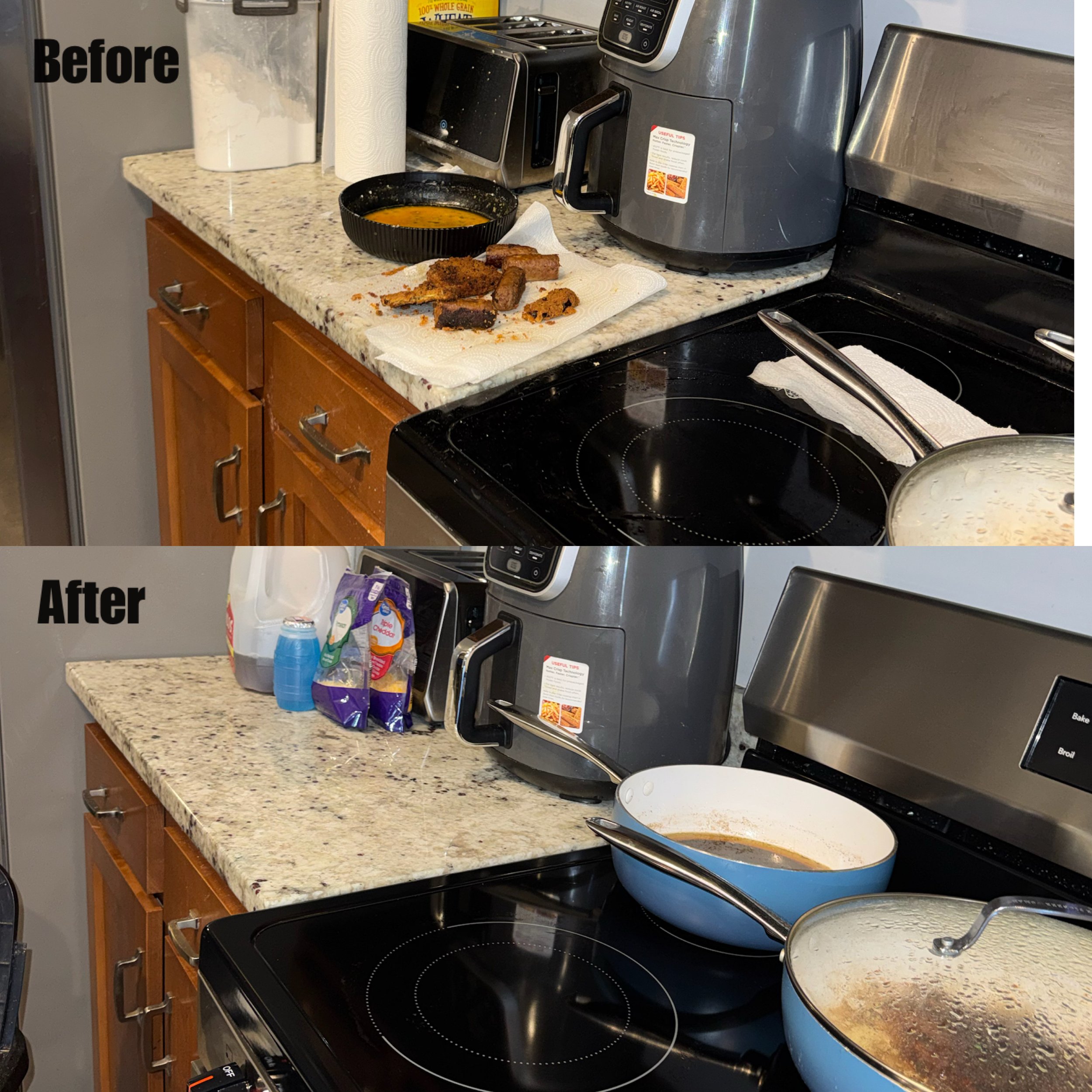 Kitchen countertop with a paper towel roll, a bowl of soup, and burnt food on a paper towel, along with kitchen appliances including a microwave, a toaster, and an air fryer, before organization.
