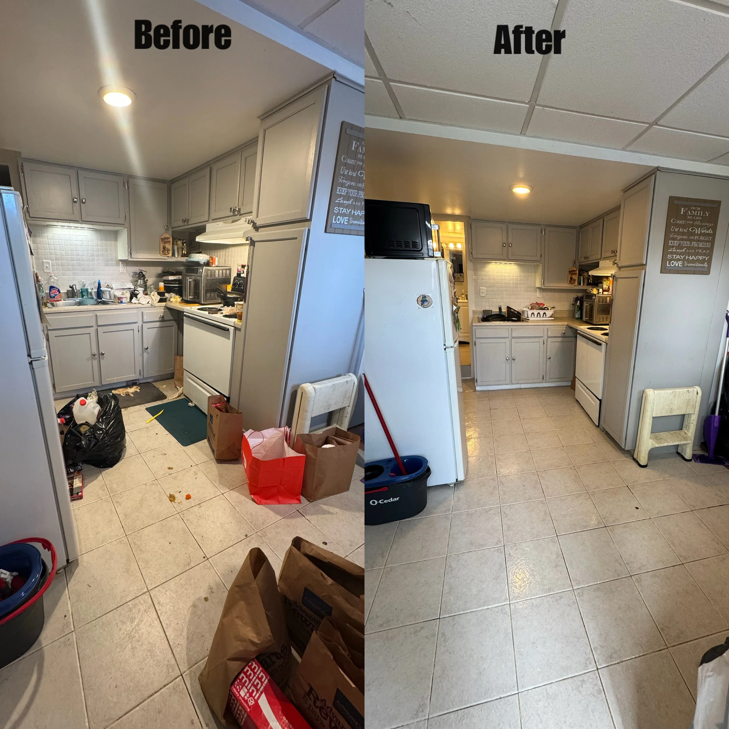 Comparison of a kitchen ceiling before and after cleaning; before image shows a ceiling with visible dirt and stains, after image shows a clean, white ceiling with no stains.