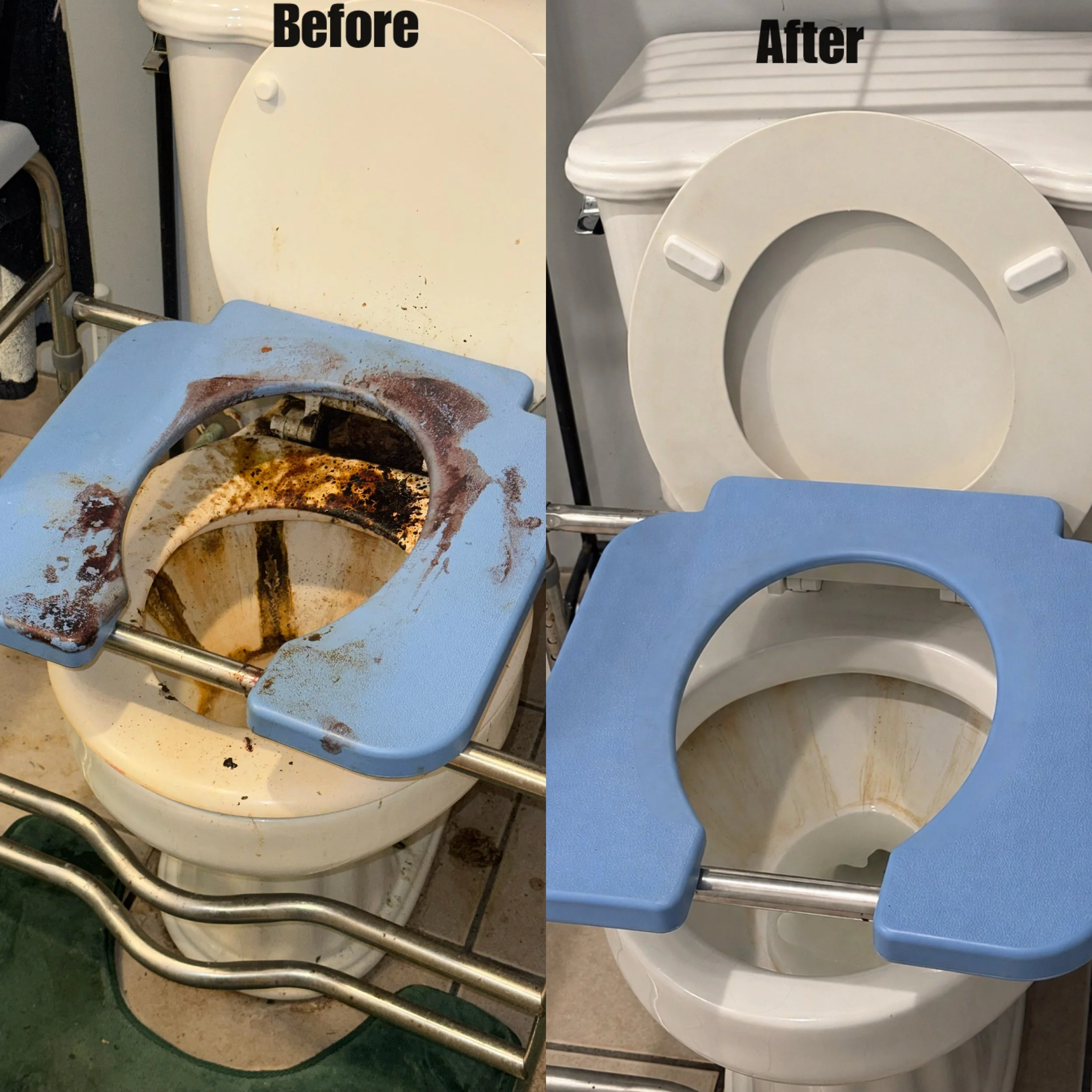 Comparison of a dirty, stained toilet before cleaning on the left and a clean, white toilet after cleaning on the right.