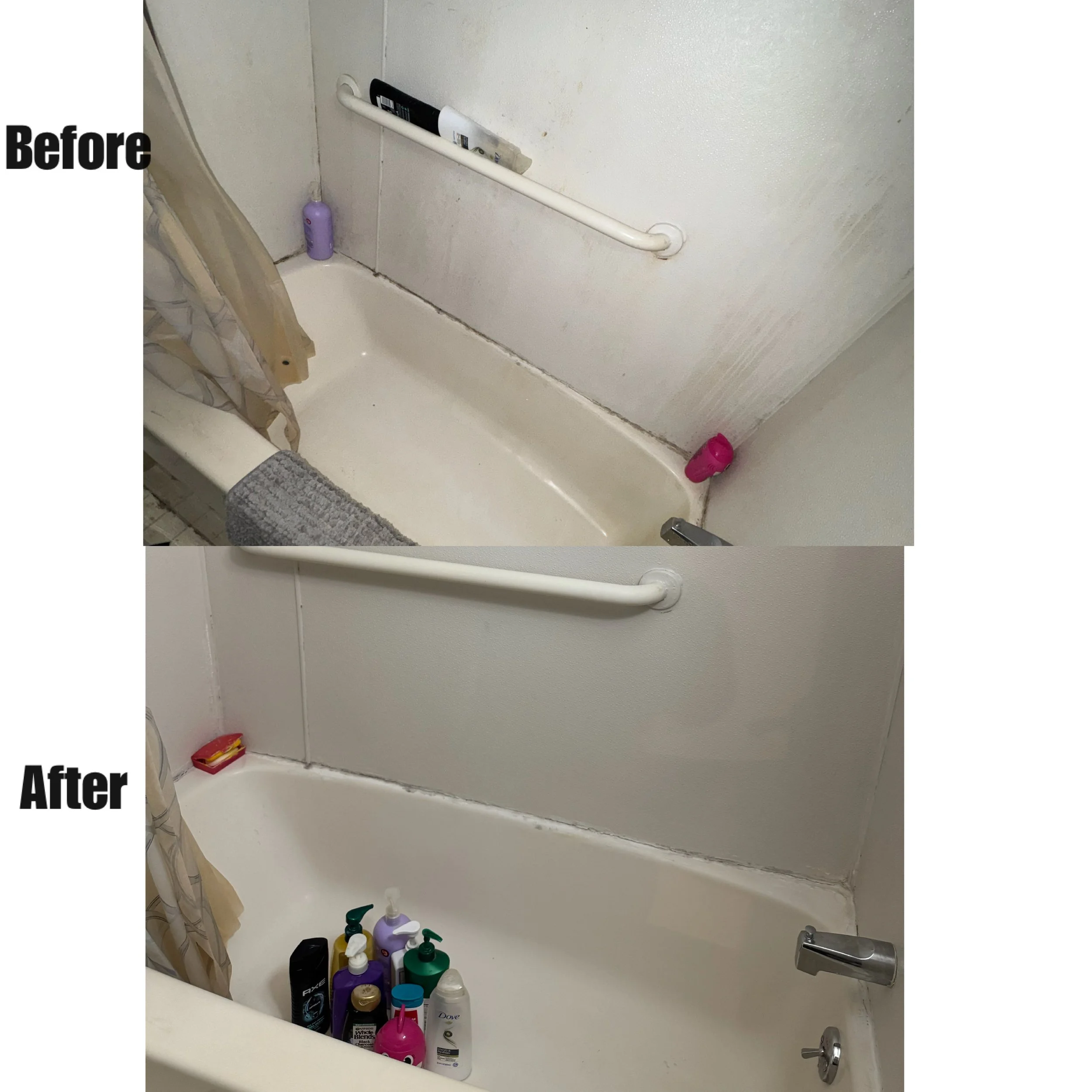 A shower with a white spray bar and a collection of toiletries including shampoo, conditioner, body wash, and lotion bottles, some with pumps, on the edge of the shower tub.