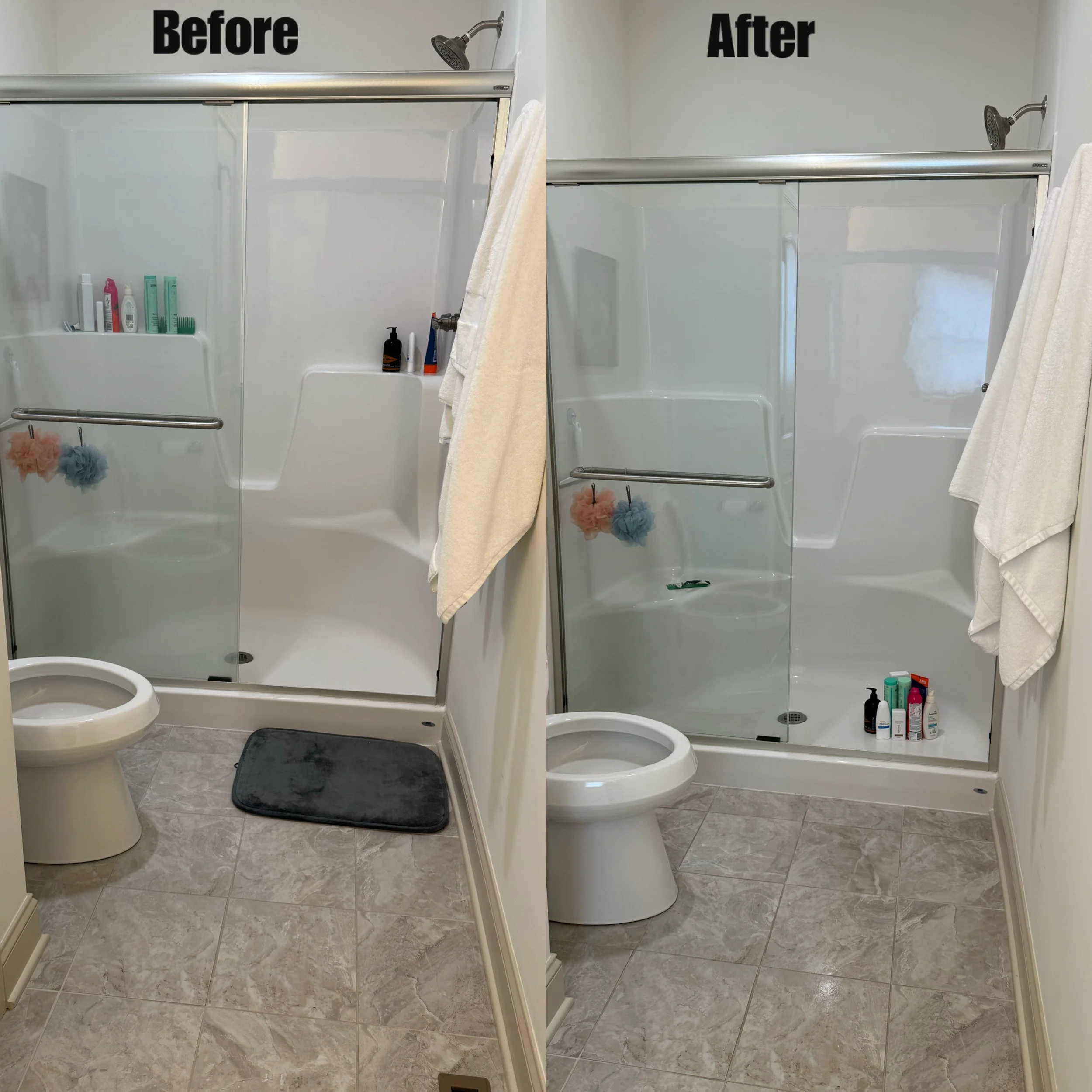 A side-by-side comparison of a bathroom shower before and after cleaning. The left side shows a shower with soap scum and grime, while the right side shows a clean, shiny shower with a clear glass door. A towel hangs on the right side of both images,
