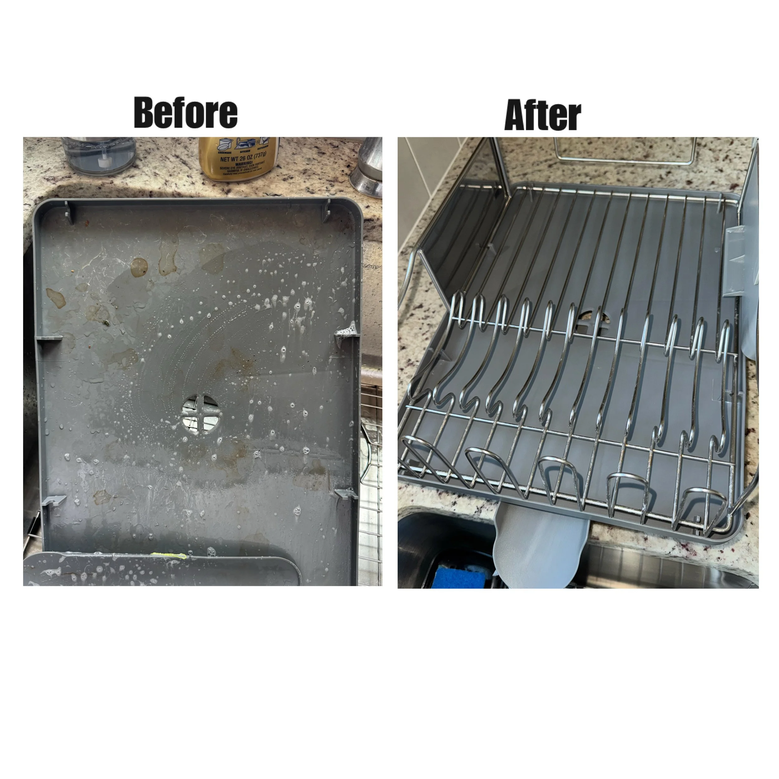 Comparison of dishwasher racks, showing an dirty, greasy one on the left and a clean, shiny one on the right.