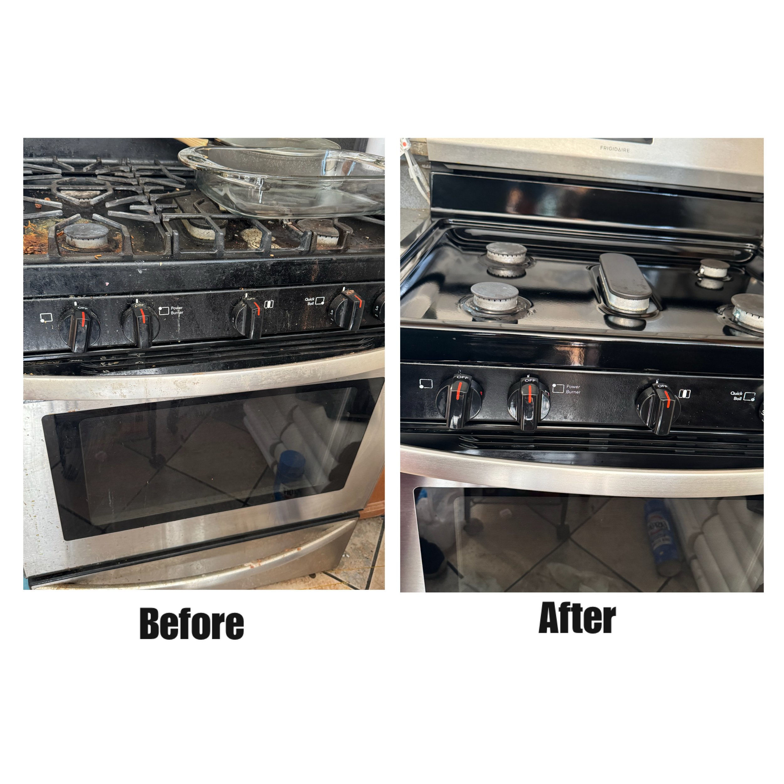 Side-by-side comparison showing a stove with dirty, greasy burners and a clean, shiny stove after cleaning.