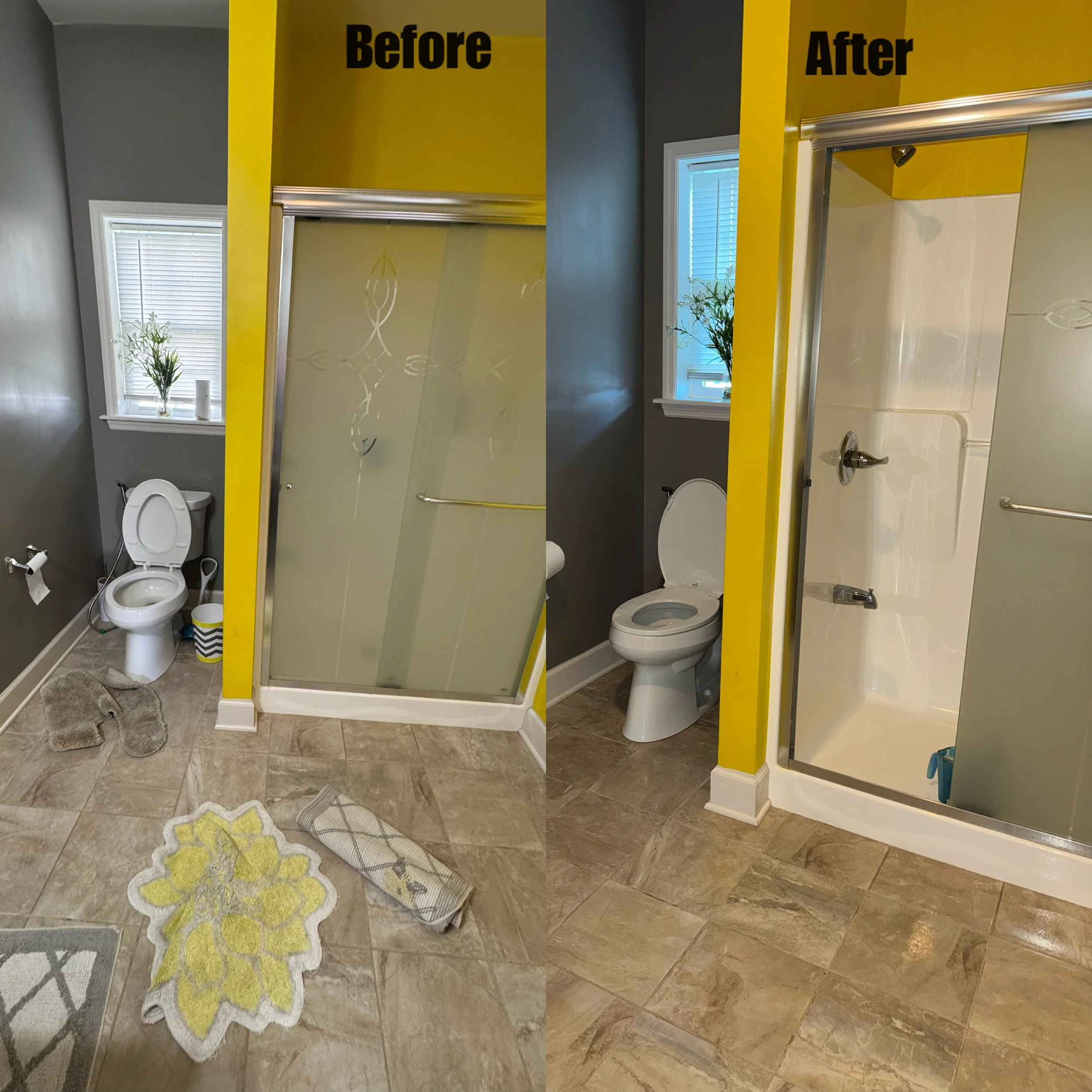Comparison of a bathroom before and after renovation, with a mirror dividing the two views. The 'Before' side shows a gray wall, a window with blinds, a toilet, and bathroom accessories. The 'After' side shows a renewed bathroom with a white tub, a w