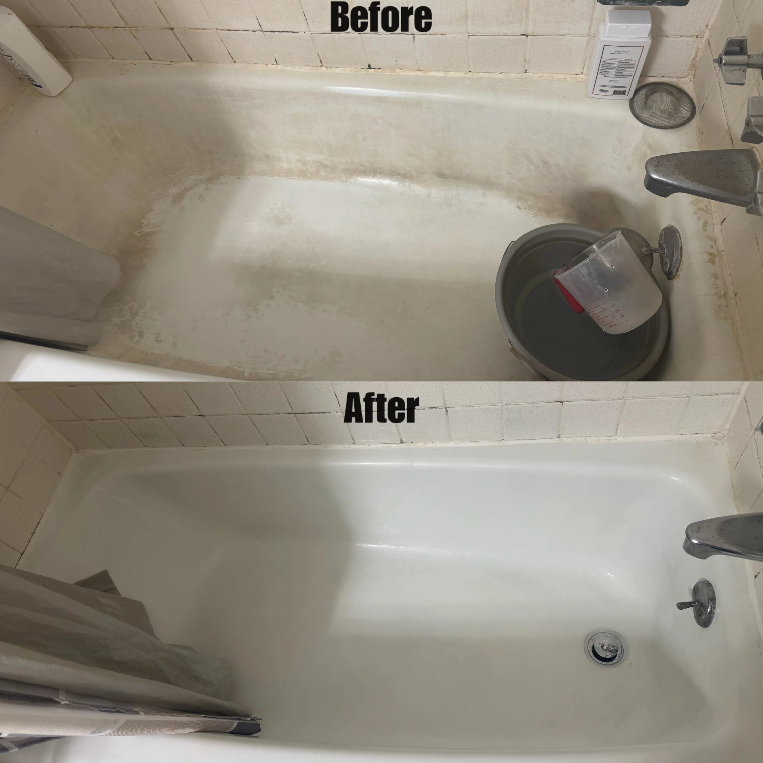 A shower with stained and discolored walls and tub, containing cleaning supplies, a shower head, and a drain.