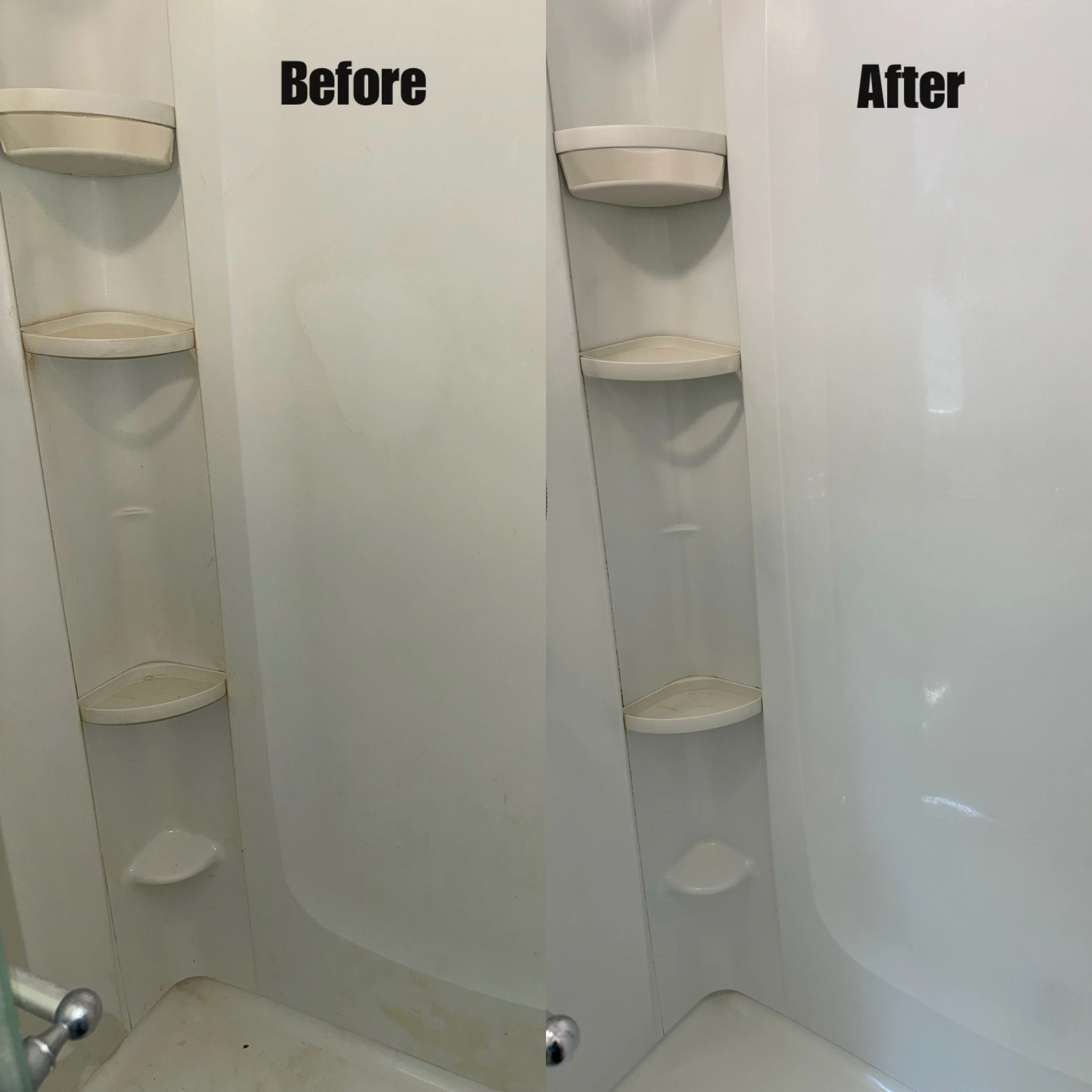 Empty white bathroom shower with small shelves on the walls, labeled 'Before' on the left and 'After' on the right.