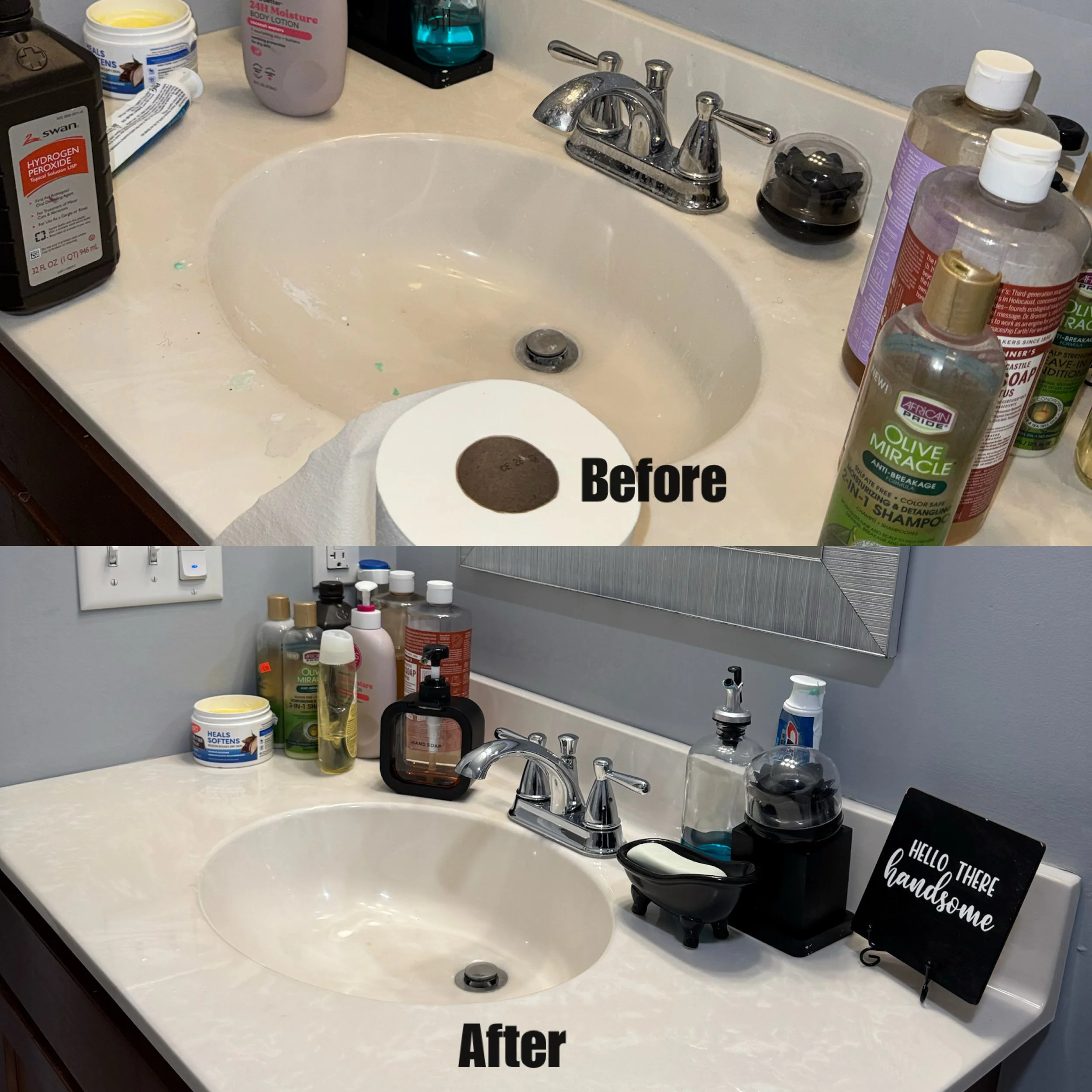 Clean bathroom sink with various toiletries, lotion bottles, and soap on the countertop. The sink appears tidy and well-organized.