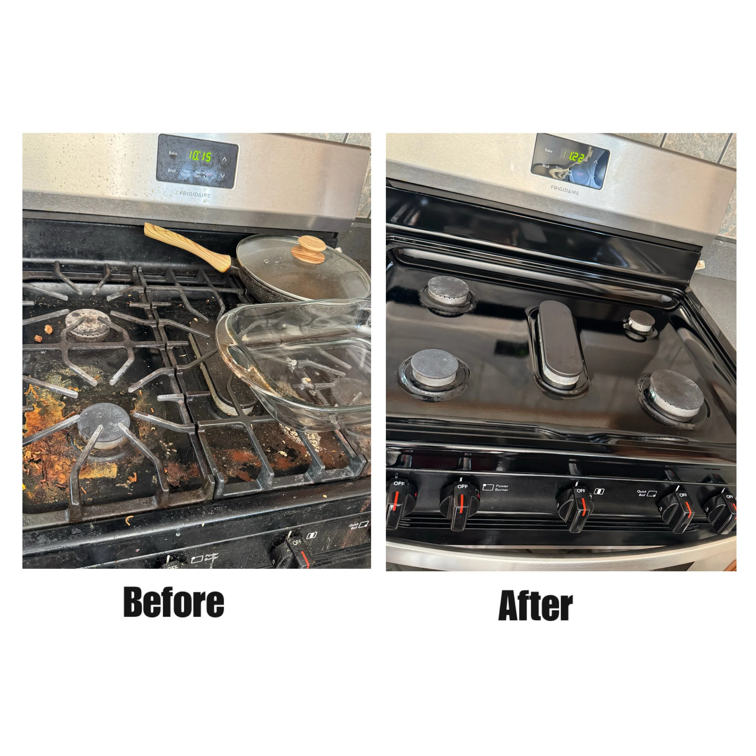 Side-by-side comparison of a stove before and after cleaning. The left image shows a dirty stovetop with food debris and stains, while the right image shows a cleaned, shiny stovetop.