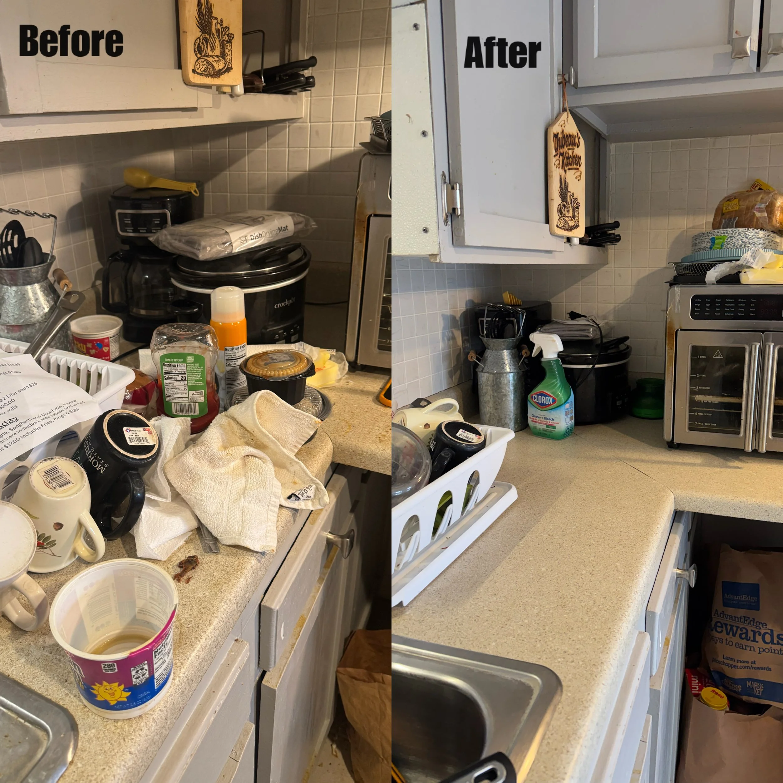 Comparison of a cluttered kitchen counter before and after cleaning, showing a messy area with empty containers, food debris, and various kitchen items in the before image, and a clean, organized counter in the after image.