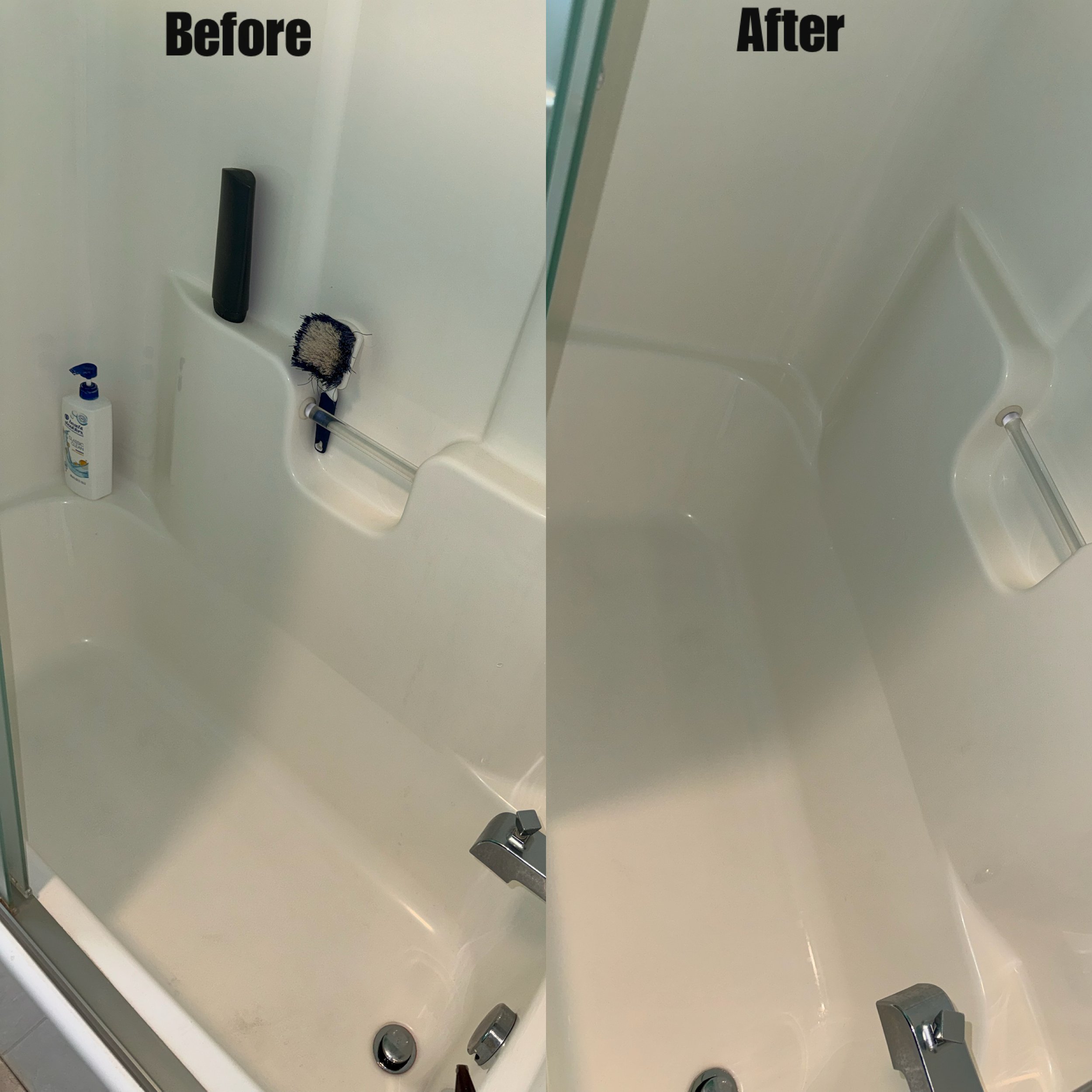 Before and after comparison of a bathroom shower or bathtub area, showing cleaning or renovation results; left side labeled 'Before' with a black hairbrush and cleaning supplies, right side labeled 'After' with a cleaner, more polished surface.