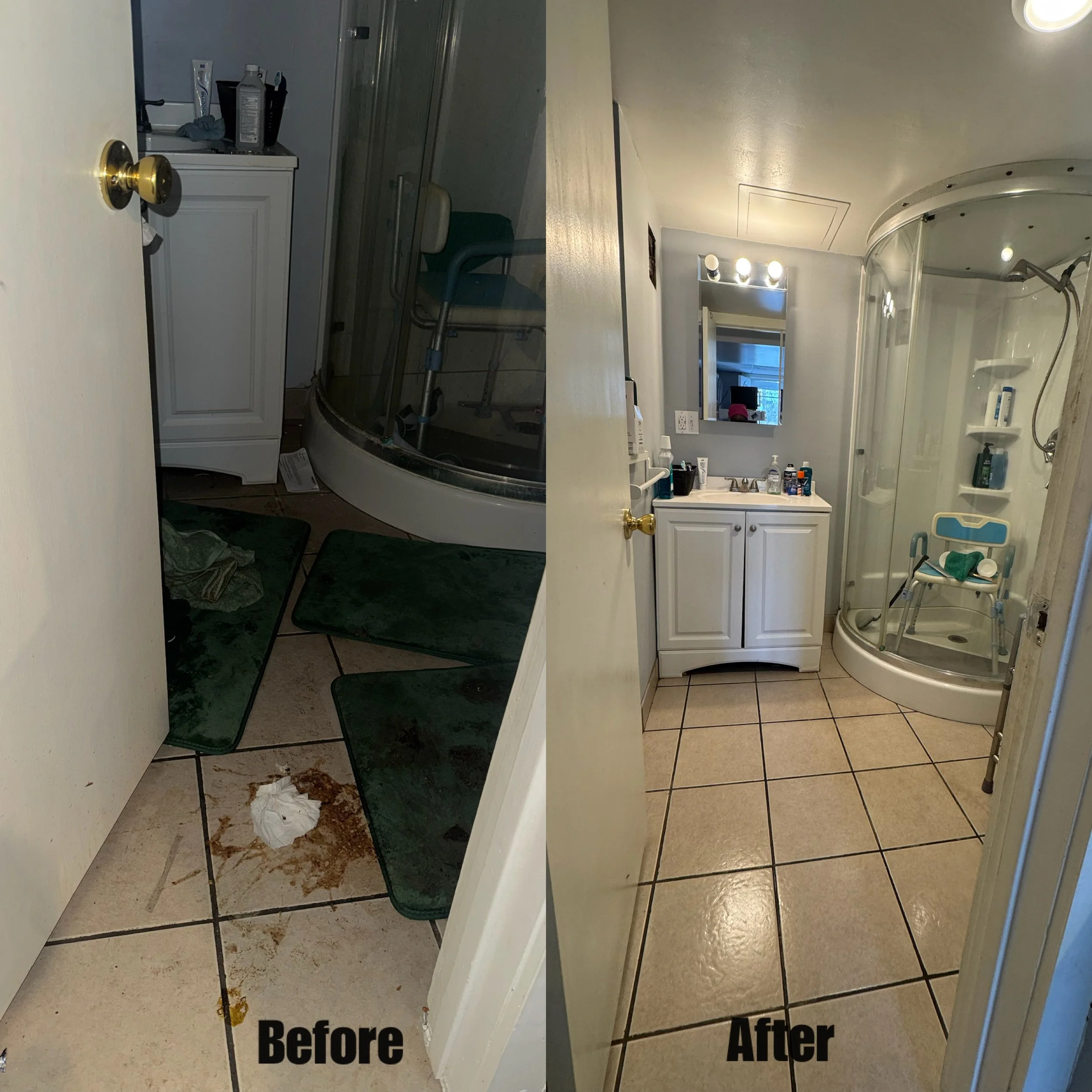 Comparison of a bathroom floor and wall before and after cleaning, showing dirt and stains removed in the after image.