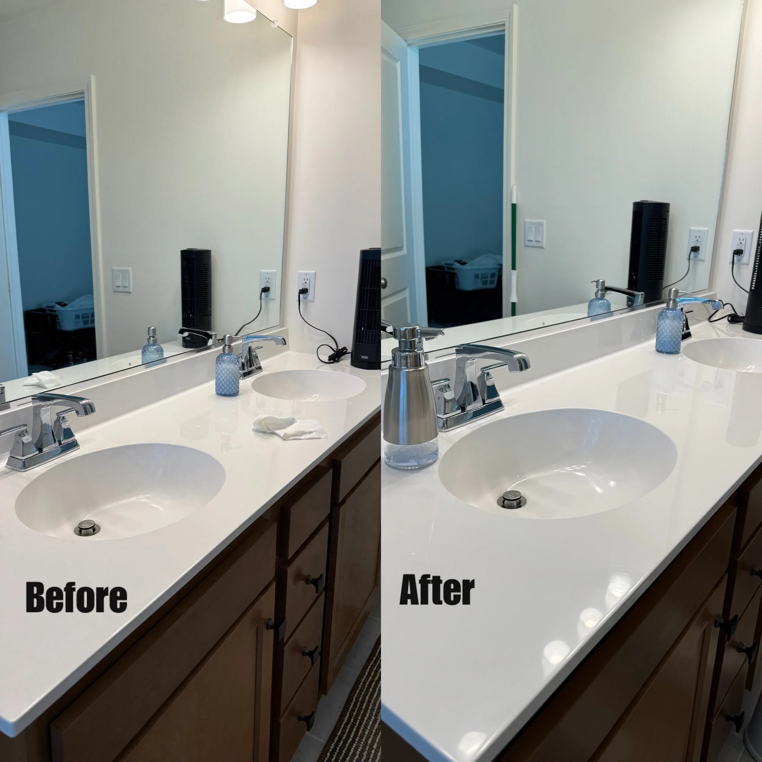 Side-by-side comparison of a bathroom vanity mirror area before and after cleaning. The "Before" side shows a mirror with smudges, and the "After" side shows a clean, smudge-free mirror with a tidy bathroom sink area.