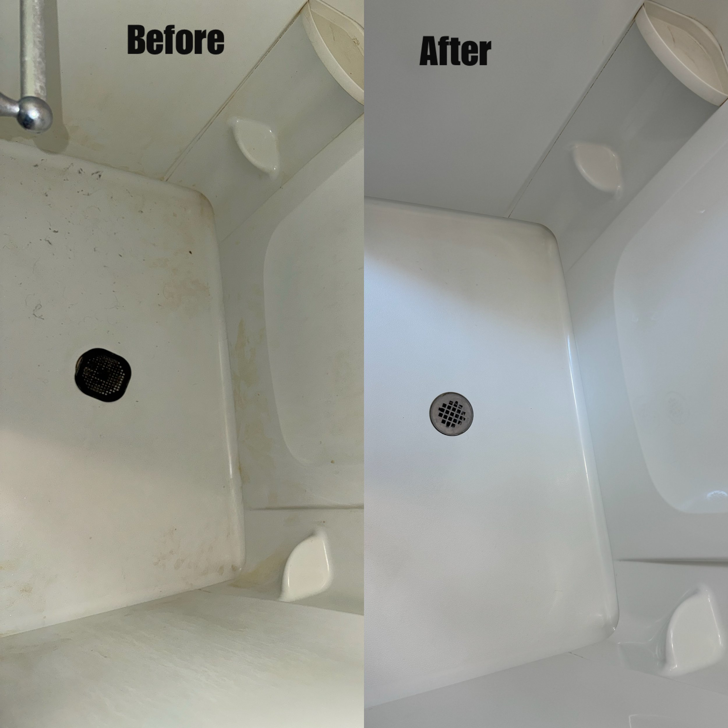 Comparison of a dirty and cleaned shower stall. The left side shows a shower with dirt, soap scum, and grime. The right side shows a clean and spotless shower. The image is divided into two halves labeled 'Before' and 'After'.