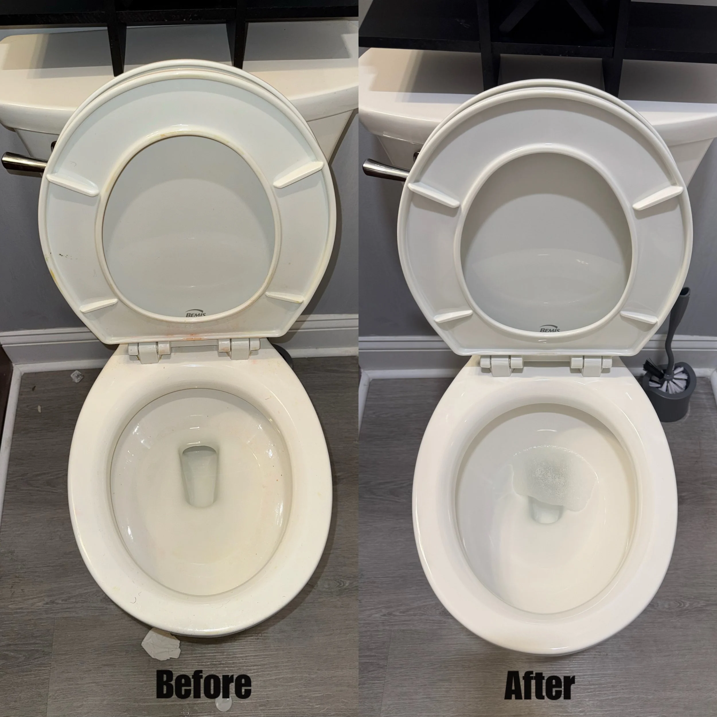 Comparison of two white toilet bowls, labeled 'Before' and 'After,' with the 'Before' toilet appearing dirty and stained, and the 'After' toilet clean and spotless.