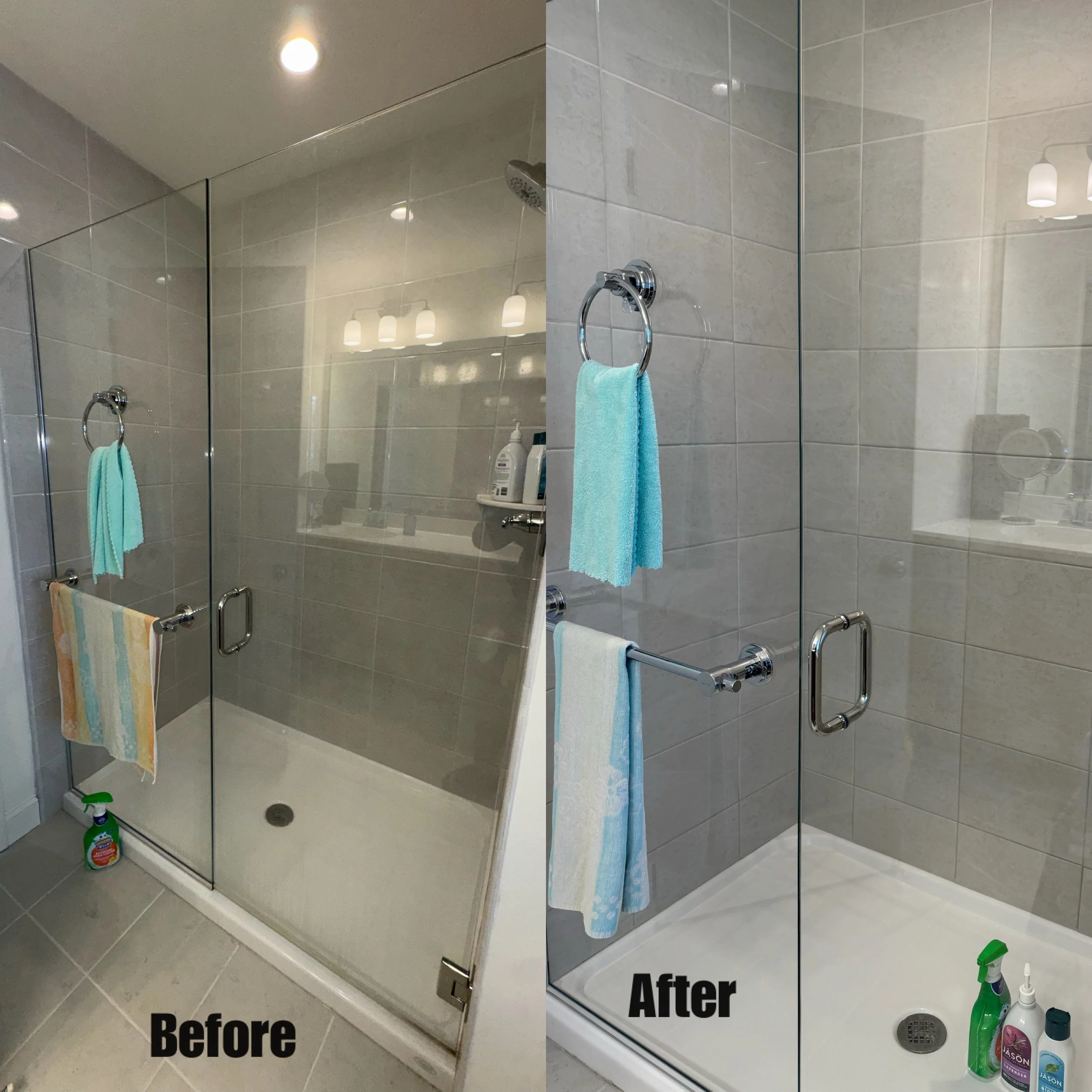 Side-by-side comparison of a bathroom shower area: the left shows the shower before cleaning, with visible water stains and soap scum on the tiles and glass. The right shows the shower after cleaning, with clear glass, clean tiles, and soap dispenser