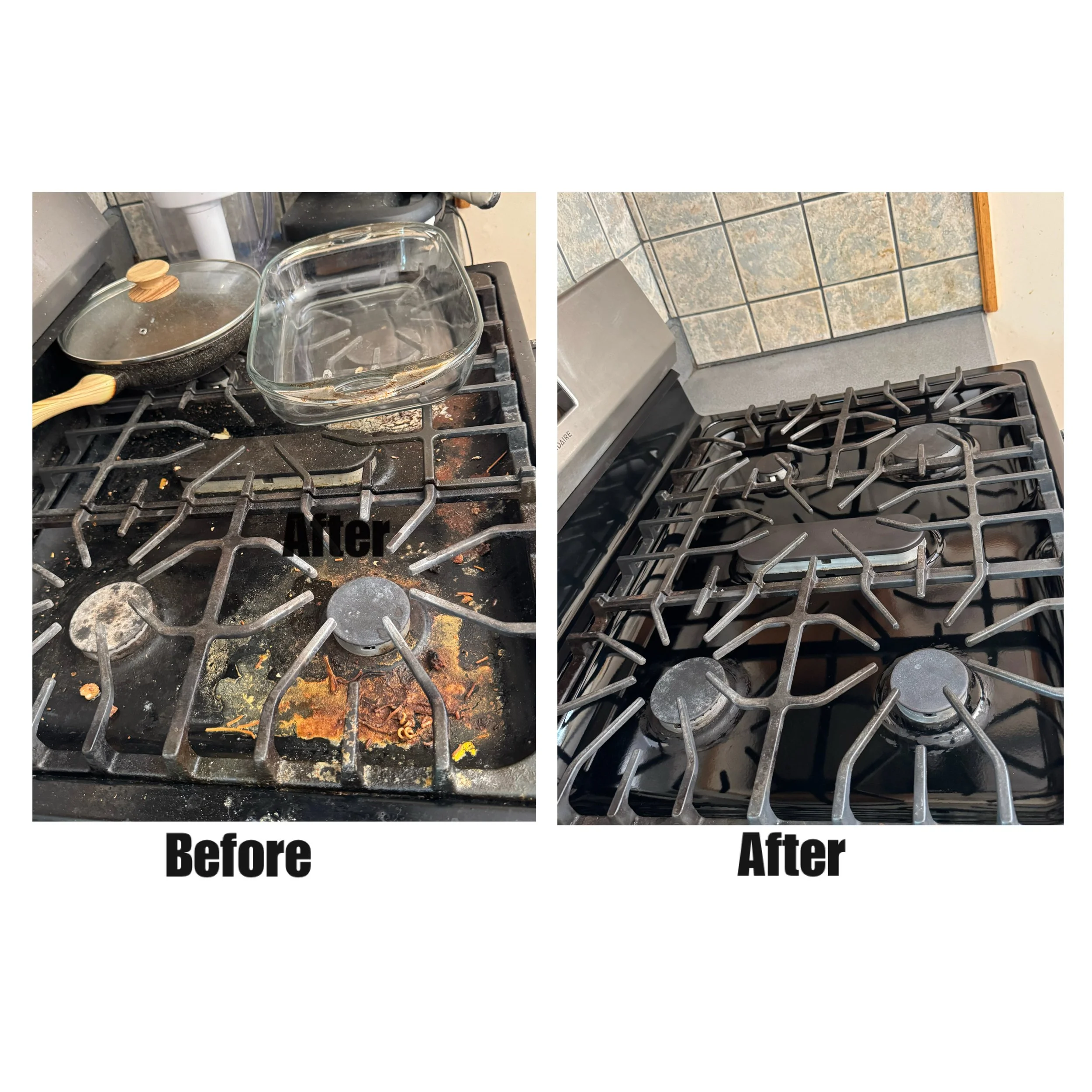 Comparison of a dirty stove top with food debris and stains on the left and a clean stove top on the right.