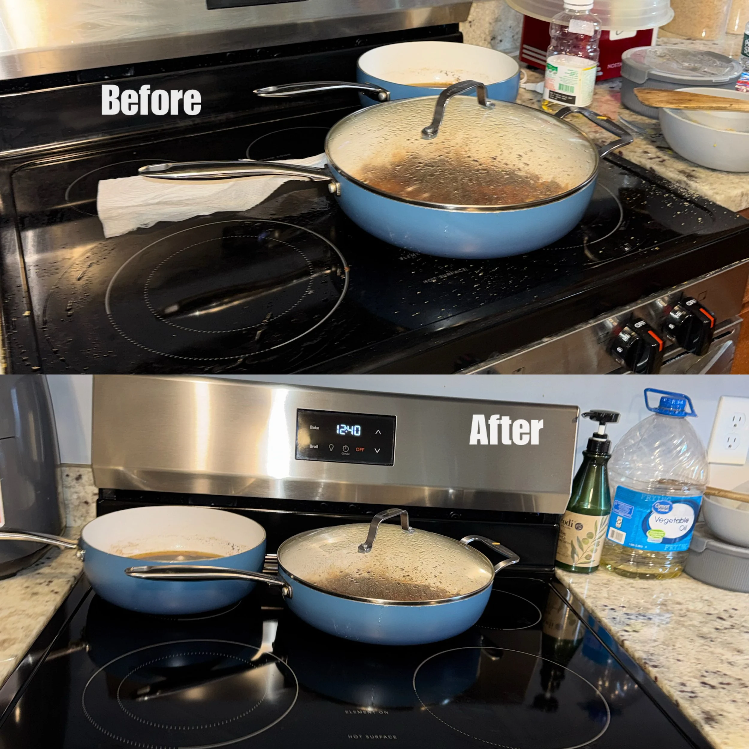 Clean stove with a blue pot and some dishes and ingredients on the counter before cleaning.