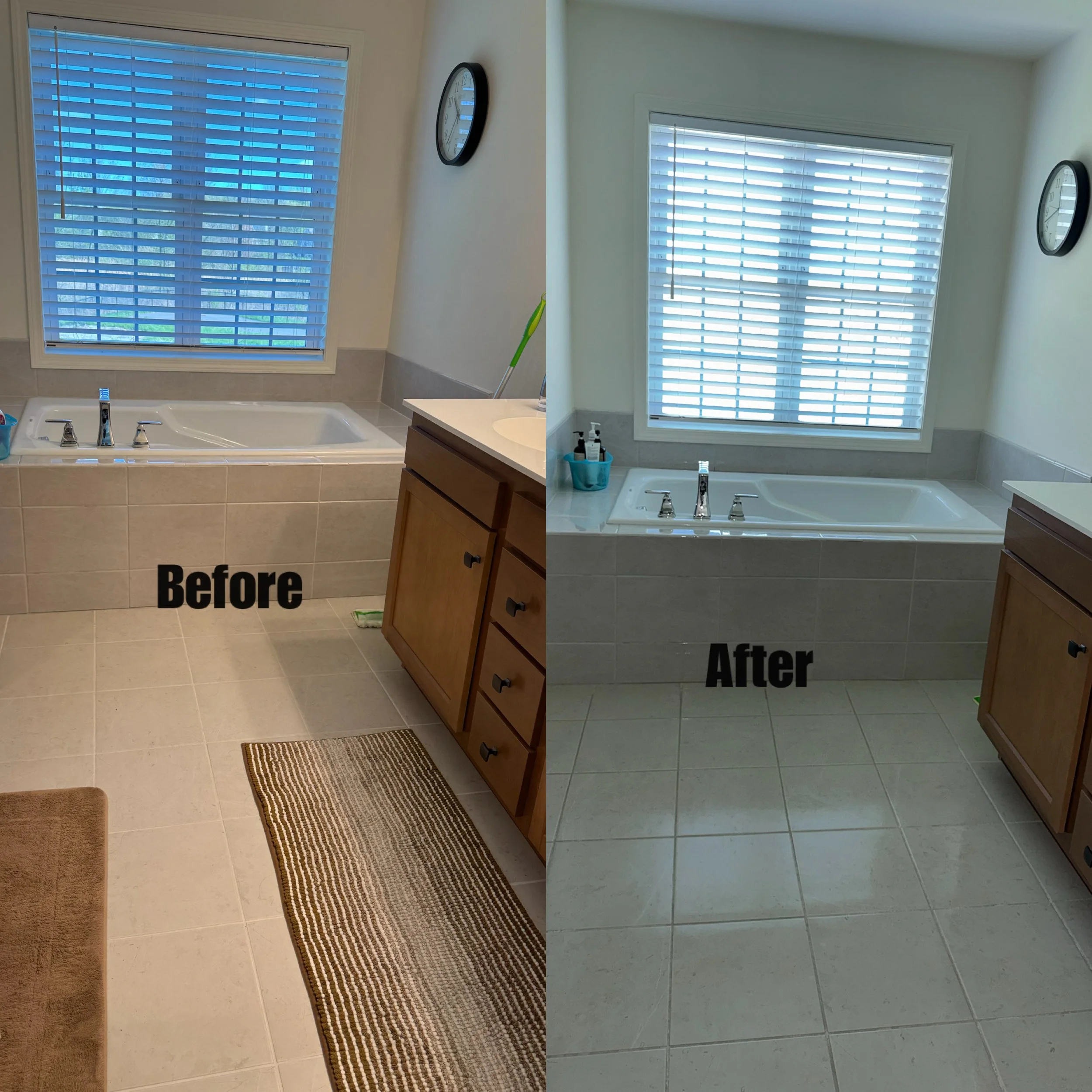 Side-by-side comparison of a bathroom window with white blinds before and after cleaning. The left image shows the blinds with dirt and dust, and the right image shows the blinds clean and bright.