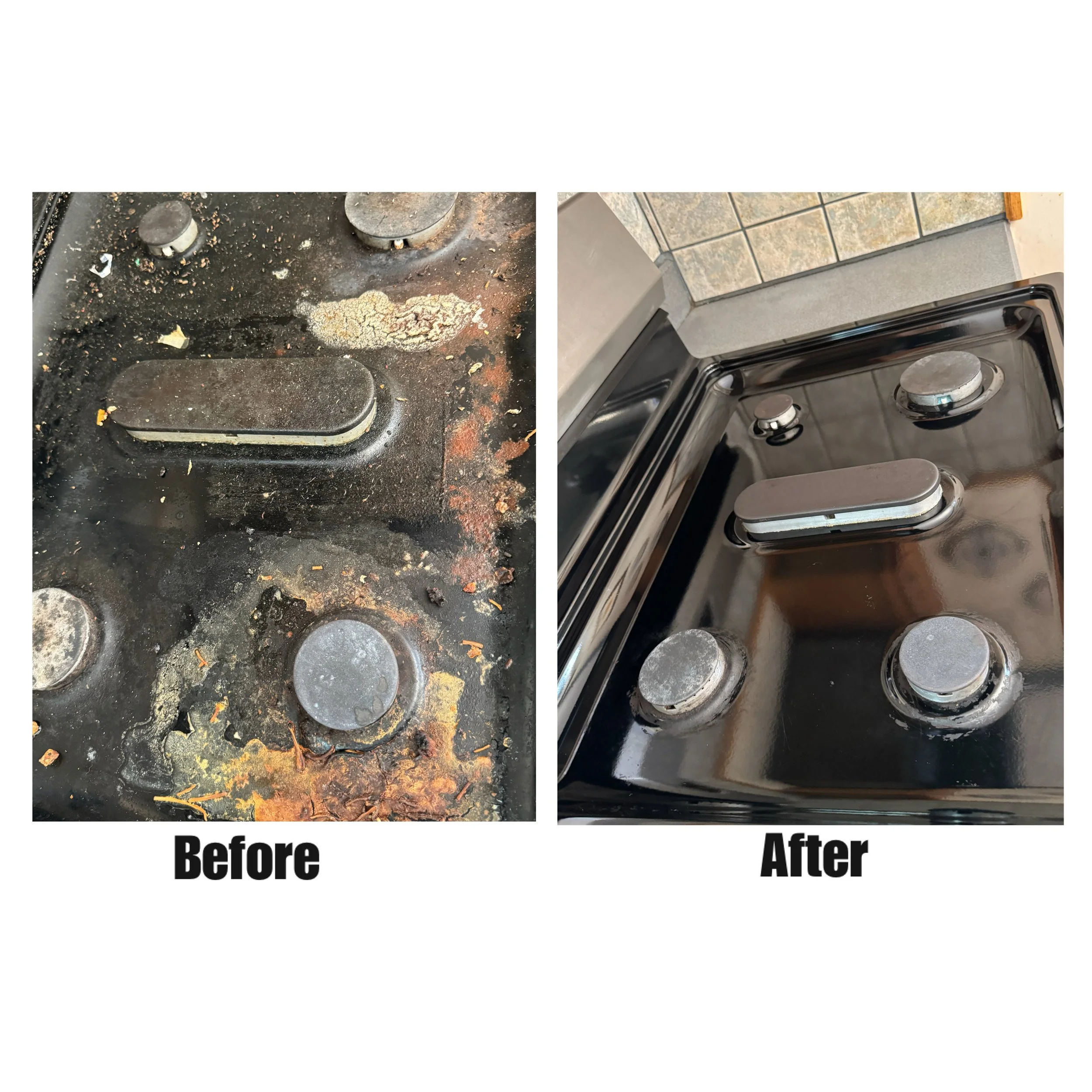 Comparison of stove burners before and after cleaning, showing a dirty and greasy stove surface on the left and a clean stove surface on the right.