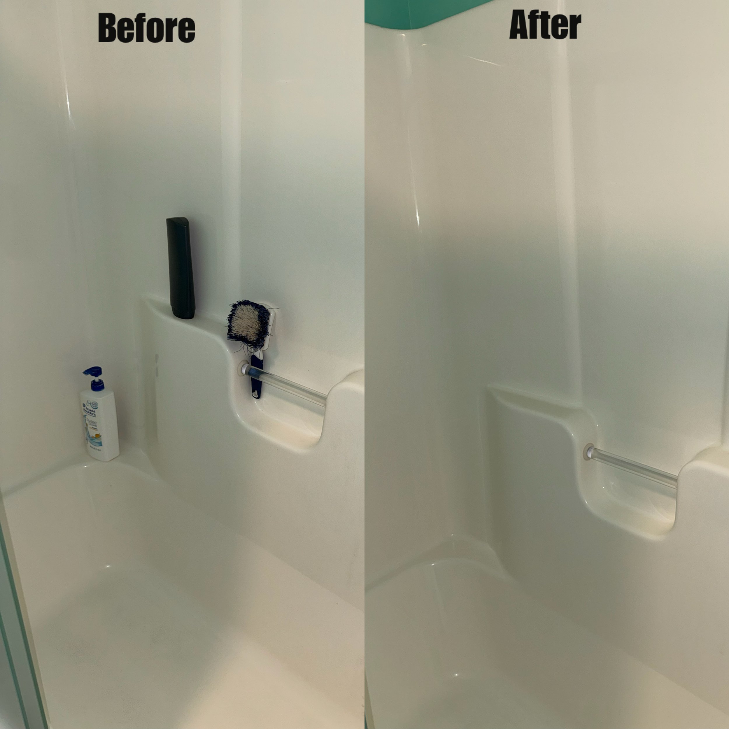 A shower stall with a white soap dispenser, a loofah, a black handle, and a blue bottle. The shower walls are plain and white, with a green accent at the top. The image is divided into two parts labeled 'Before' and 'After' in bold black text.