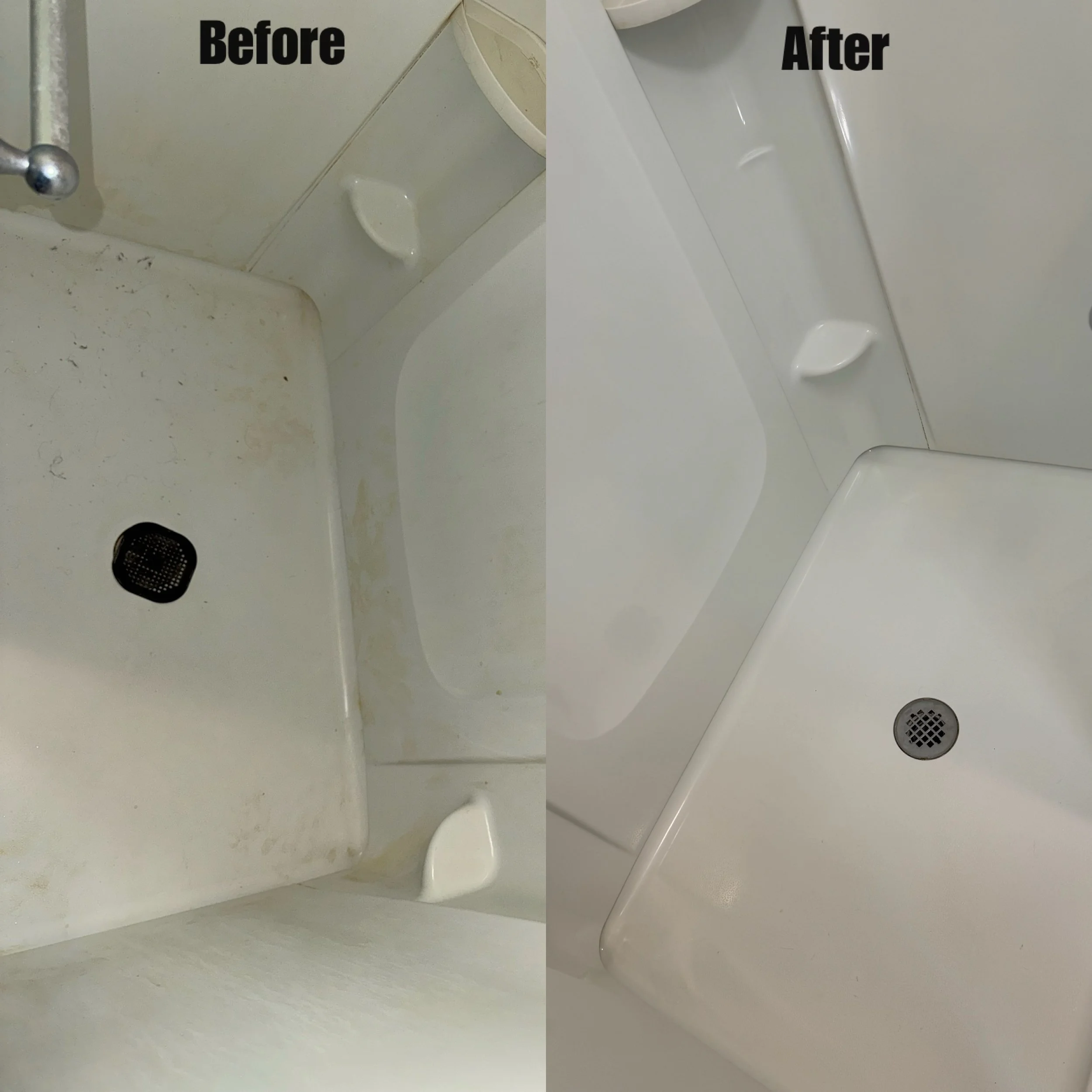Comparison photo of a shower or bathtub area before and after cleaning. The left side shows dirt, grime, and stains on the surfaces, while the right side appears clean and freshly scrubbed.