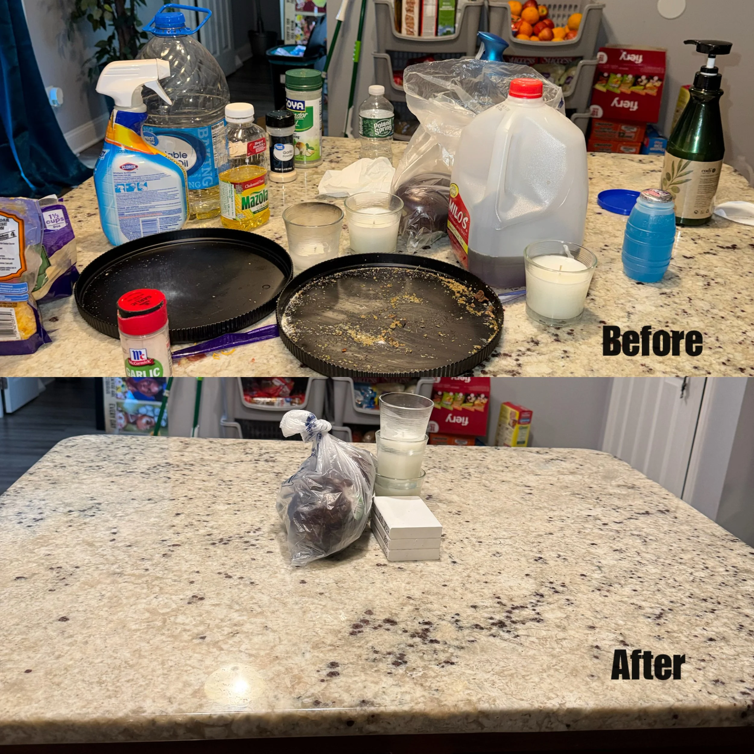 Comparison of a cluttered kitchen countertop before and after cleaning. The countertop holds various cleaning supplies, paper towels, and containers in the first image labeled "Before," and appears clean and organized in the second image labeled "Aft
