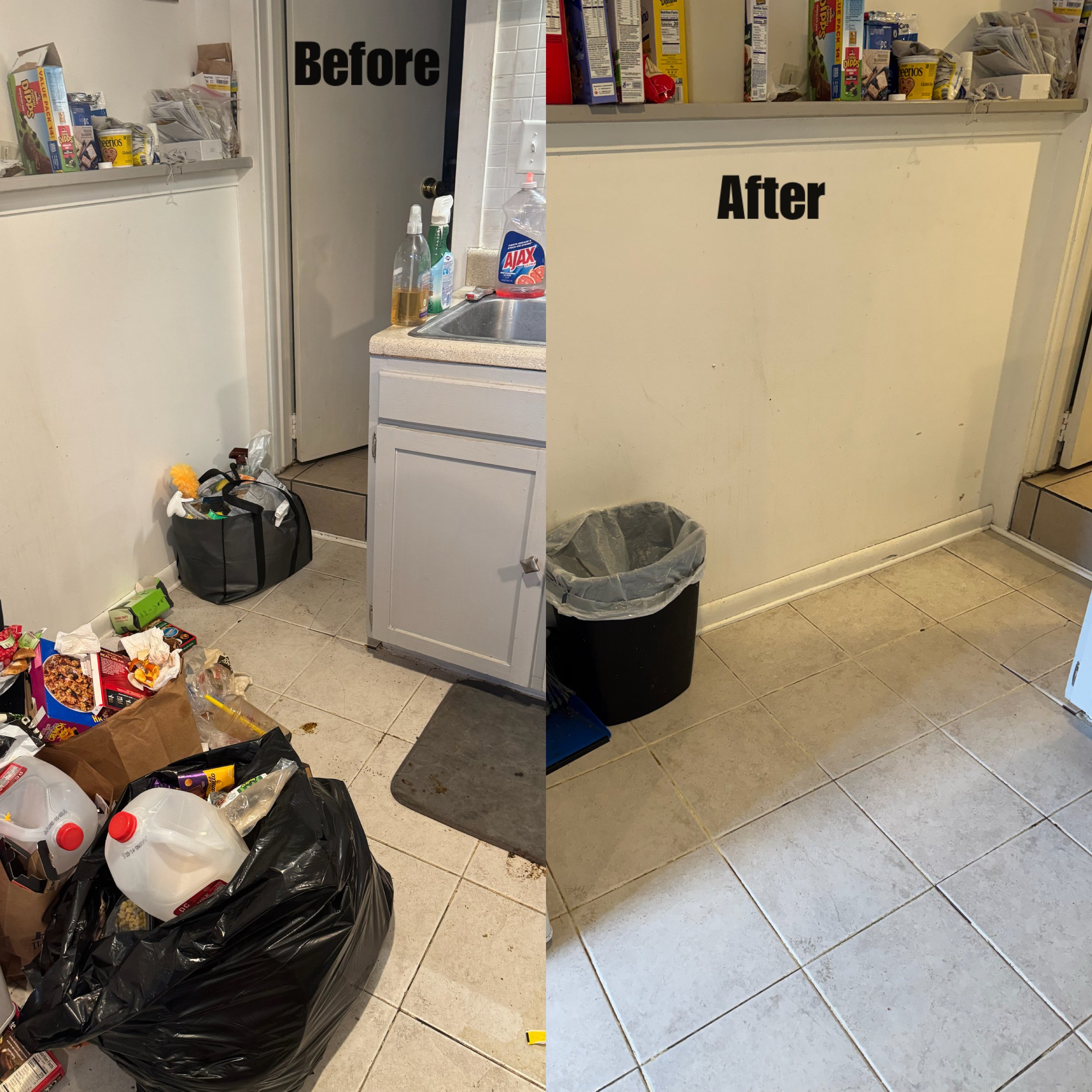 Comparison of a cluttered kitchen counter and untidy floor before and a clean, organized counter and floor after cleaning.
