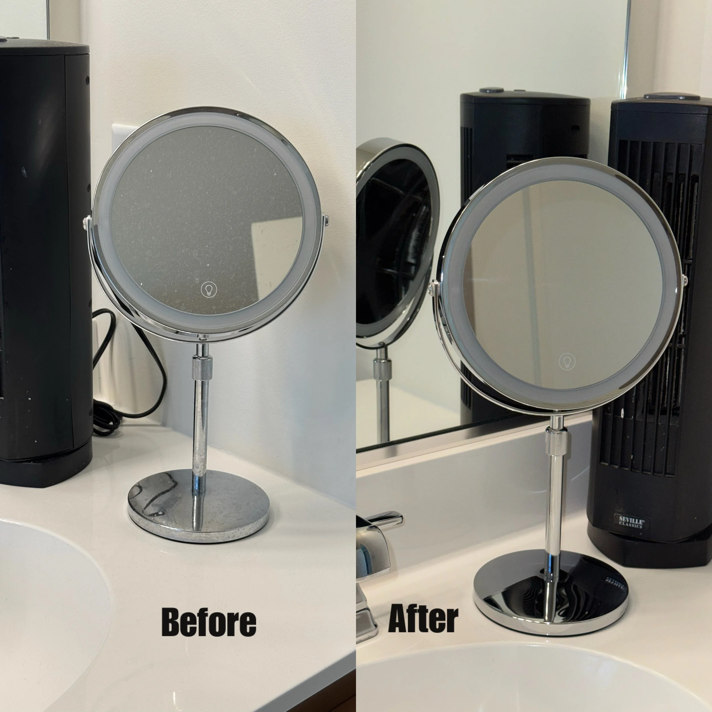 A side-by-side comparison of a washing machine before and after cleaning. The left shows a dirty, dusty drum, while the right shows a clean, shiny drum.