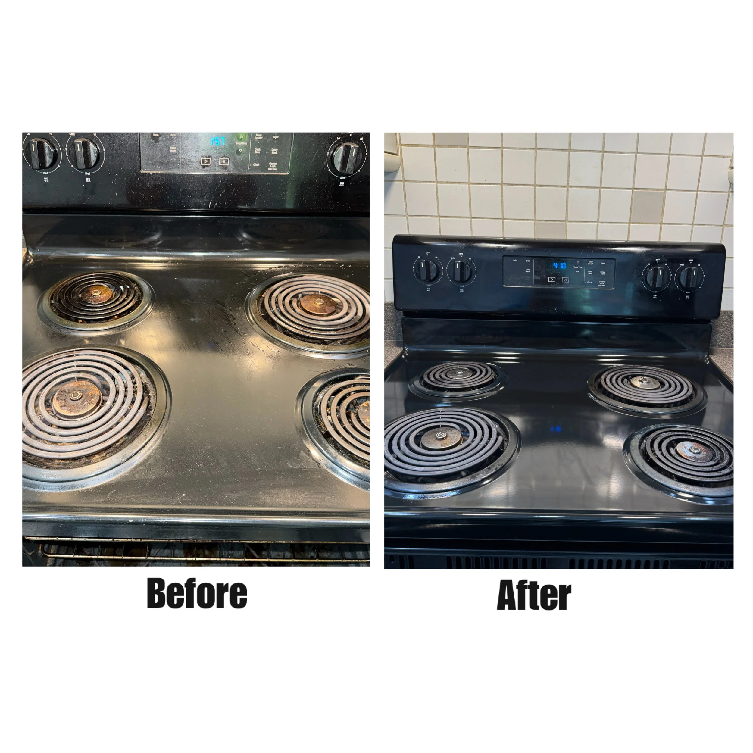 Comparison of a stove's coil burners and control panel before and after cleaning, with labels 'Before' and 'After'.