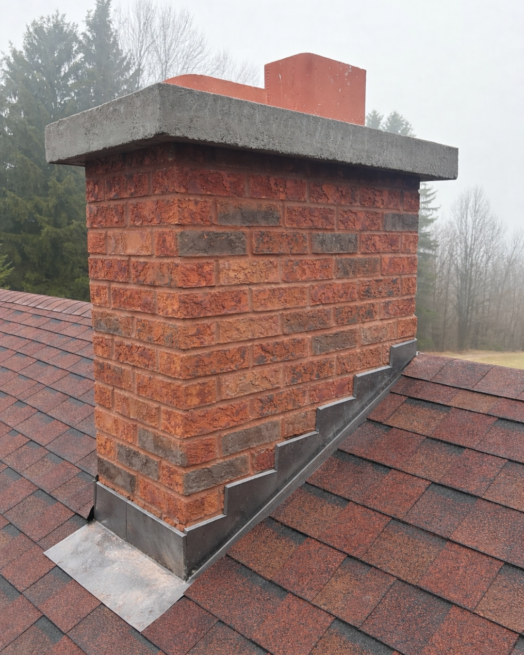 Close-up of a brick chimney with metal flashing on a shingled roof, foggy outdoor background with trees.